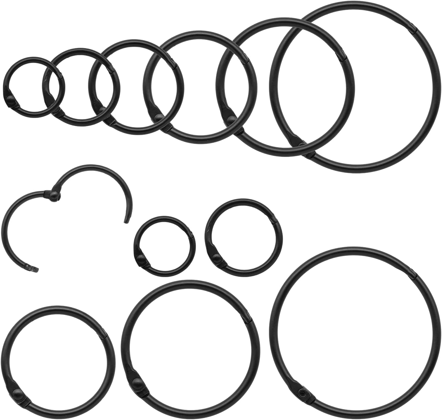 30 Pcs Binder Rings Assorted Sizes (1/2", 3/4", 1", 1-1/4", 1-1/2", 2"), Loose Leaf Binder Book Rings, Metal Index Card Rings Binder Clip Rings for Flash Cards, Key Rings, Index Cards (Black)