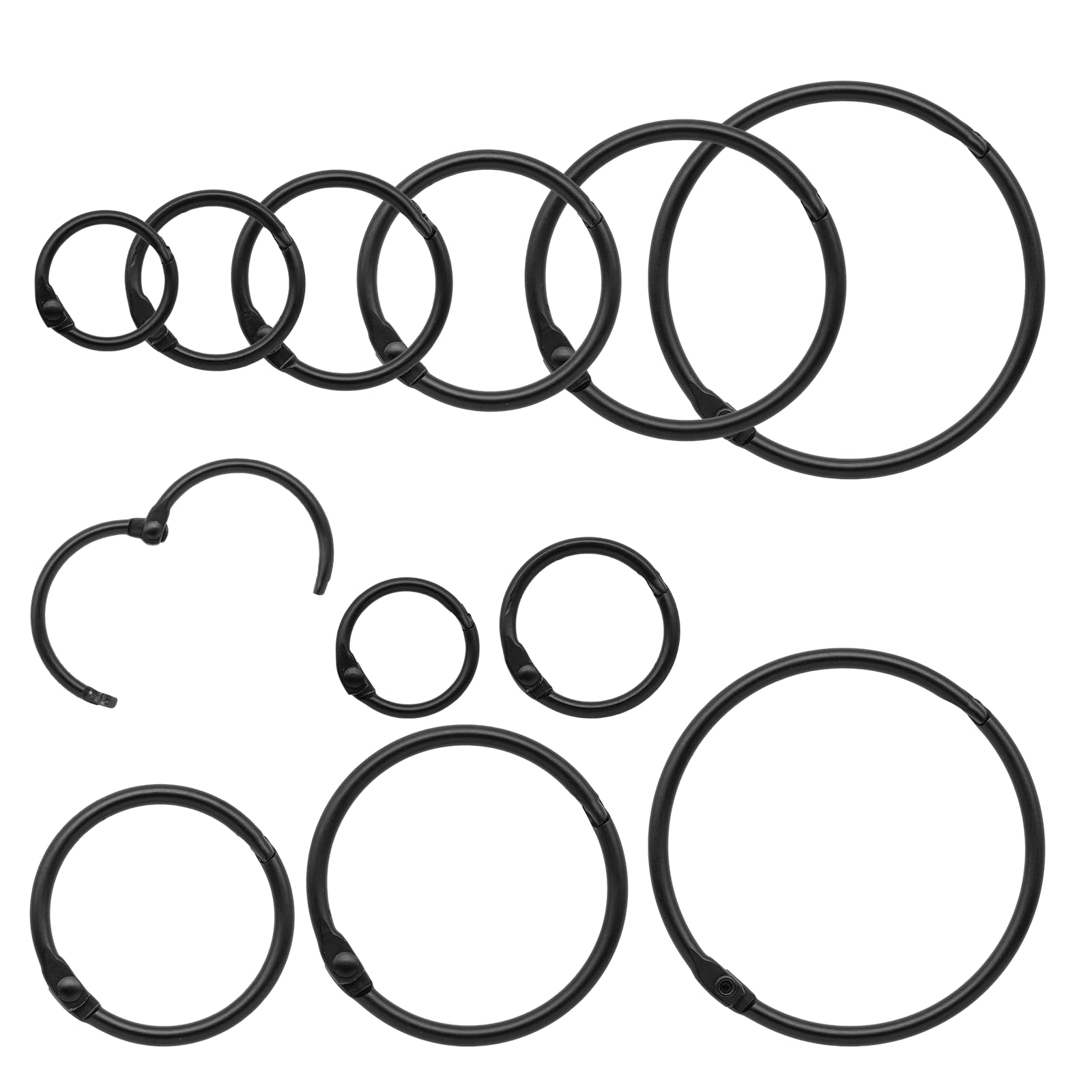 30 Pcs Binder Rings Assorted Sizes (1/2", 3/4", 1", 1-1/4", 1-1/2", 2"), Loose Leaf Binder Book Rings, Metal Index Card Rings Binder Clip Rings for Flash Cards, Key Rings, Index Cards (Black)