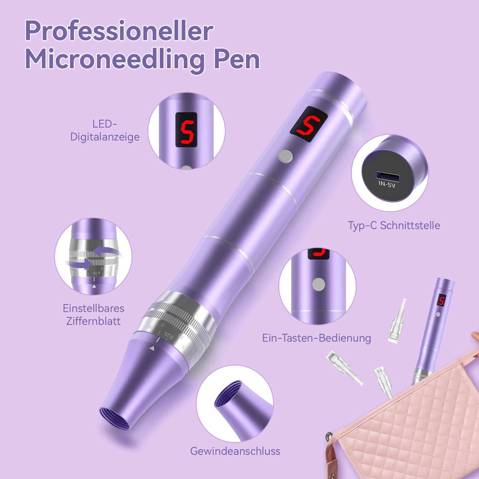 QUELLE Microneedling Pen Elektrisch,Kabellos Dermapen Microneedling mit LCD Bildschirm und 5 Stufen inkl.16 Patronen für Hautpflege
