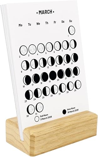 Miniatura 9 de Small Desk Calendar with Lunar Phases for 2024, Moon Calendar with Wooden Base, Dark Color