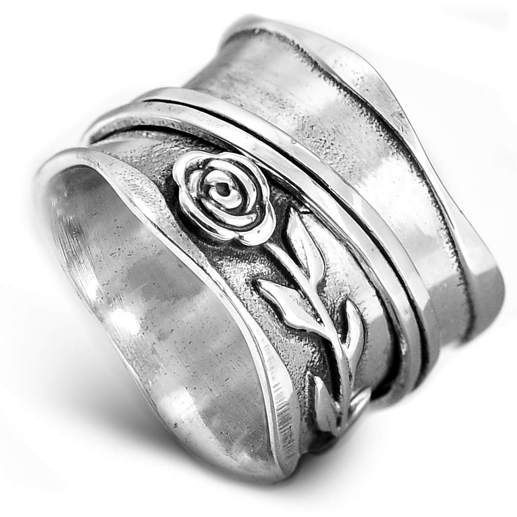 Boho-Magic 925 Sterling Silver Spinner Ring for Women Rose Flower Fidget Anxiety Relief Wide Band (6)