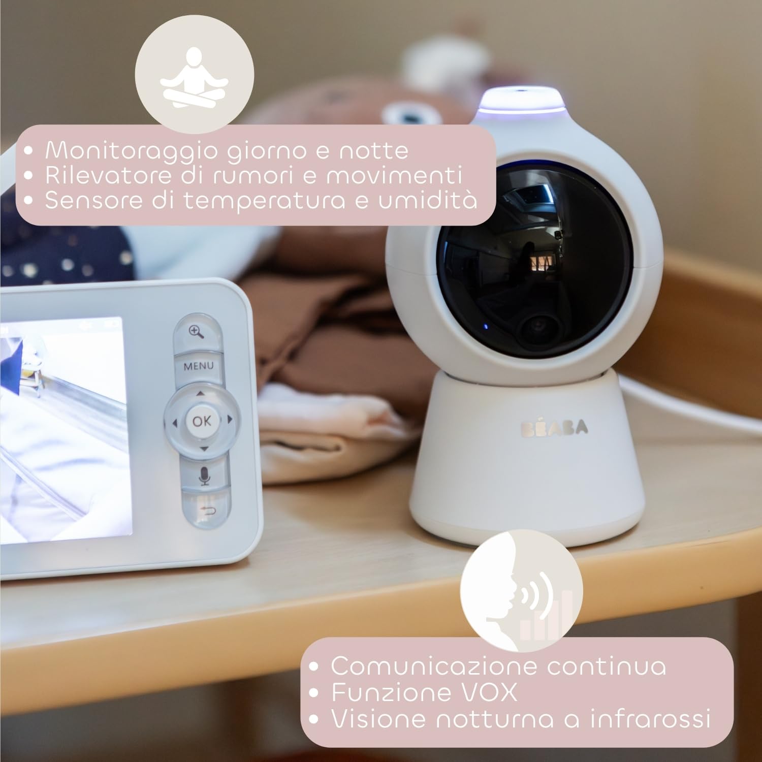 BÉABA Zen Smart AI, Baby Monitor Video 3 In 1 Con Telecamera 360° Full QHD 4MP, Schermo HD 720p, App Mobile, Intelligenza Artificiale Rilevamento Rotolamento, Visione Notturna, Luce Notturna, Bianco