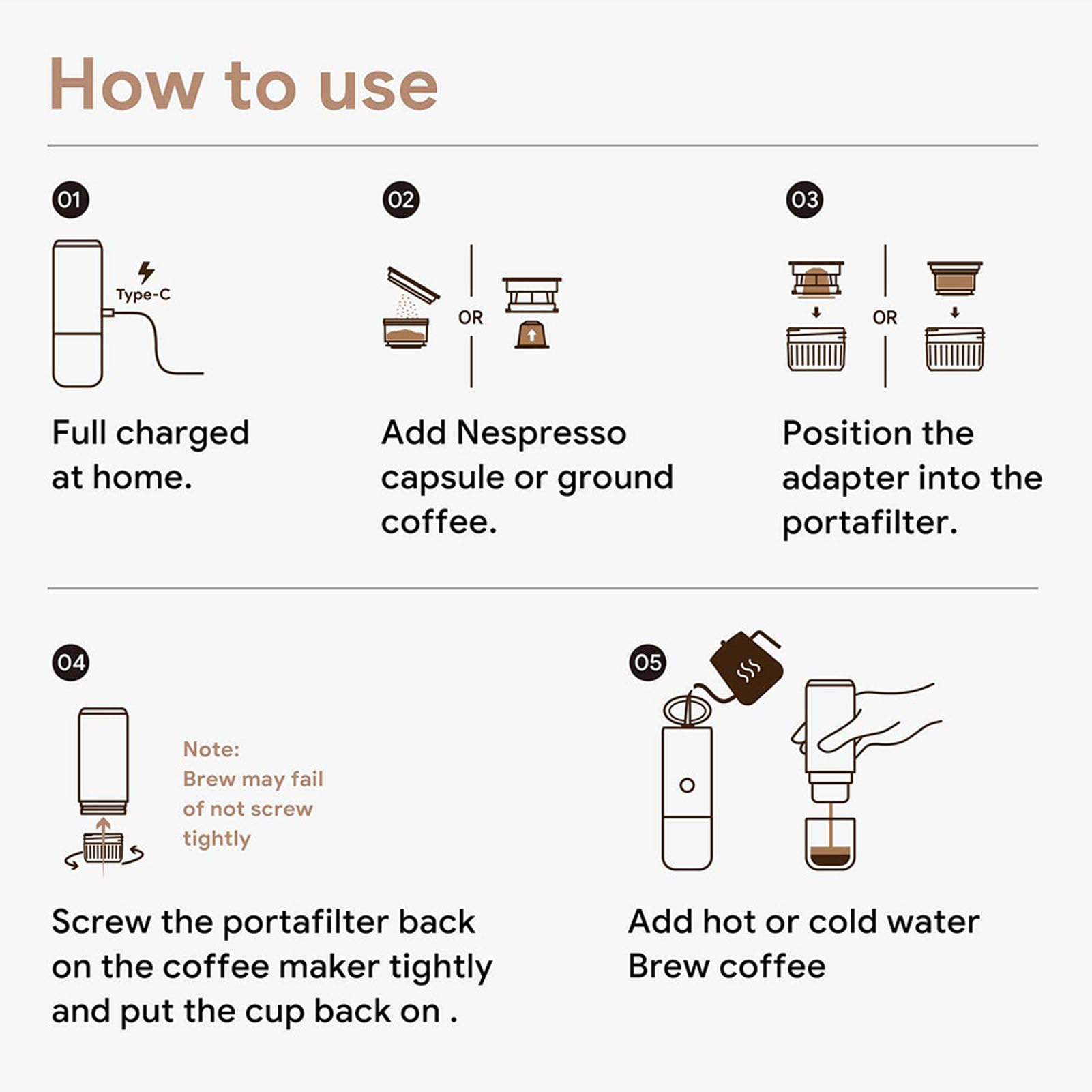 Macchina da caffè elettrica Portatile, Serbatoio da 120 ml, Tazza da 250 ml, Design Compatto, 17 Bar, per Viaggi e campeggi (Nero)
