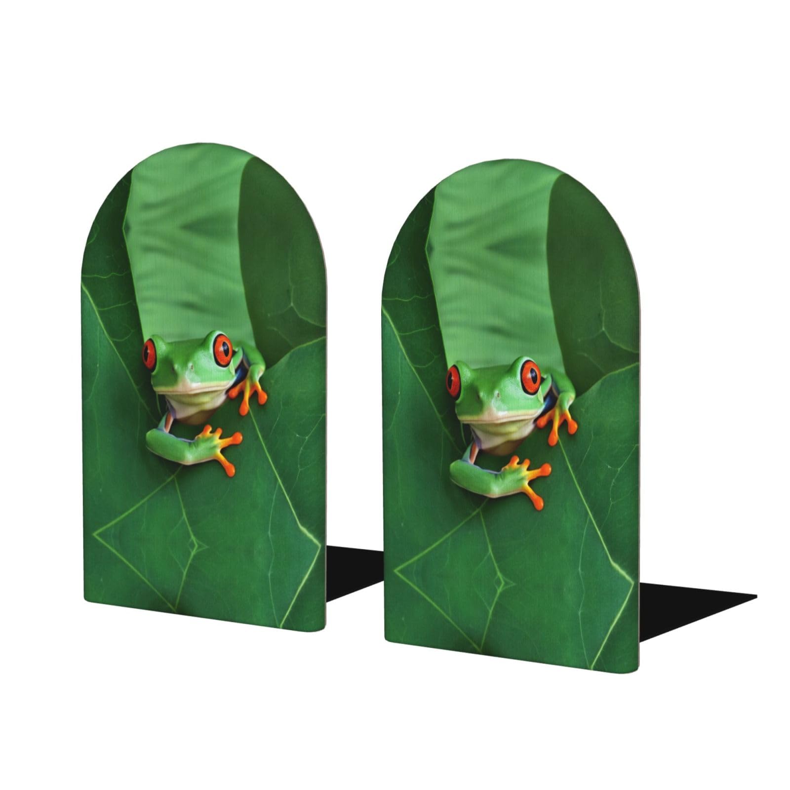 Cute Frog Stylish Bookends with Full-Print Design Durable Wooden and Metal Bookend Set for Home, Office