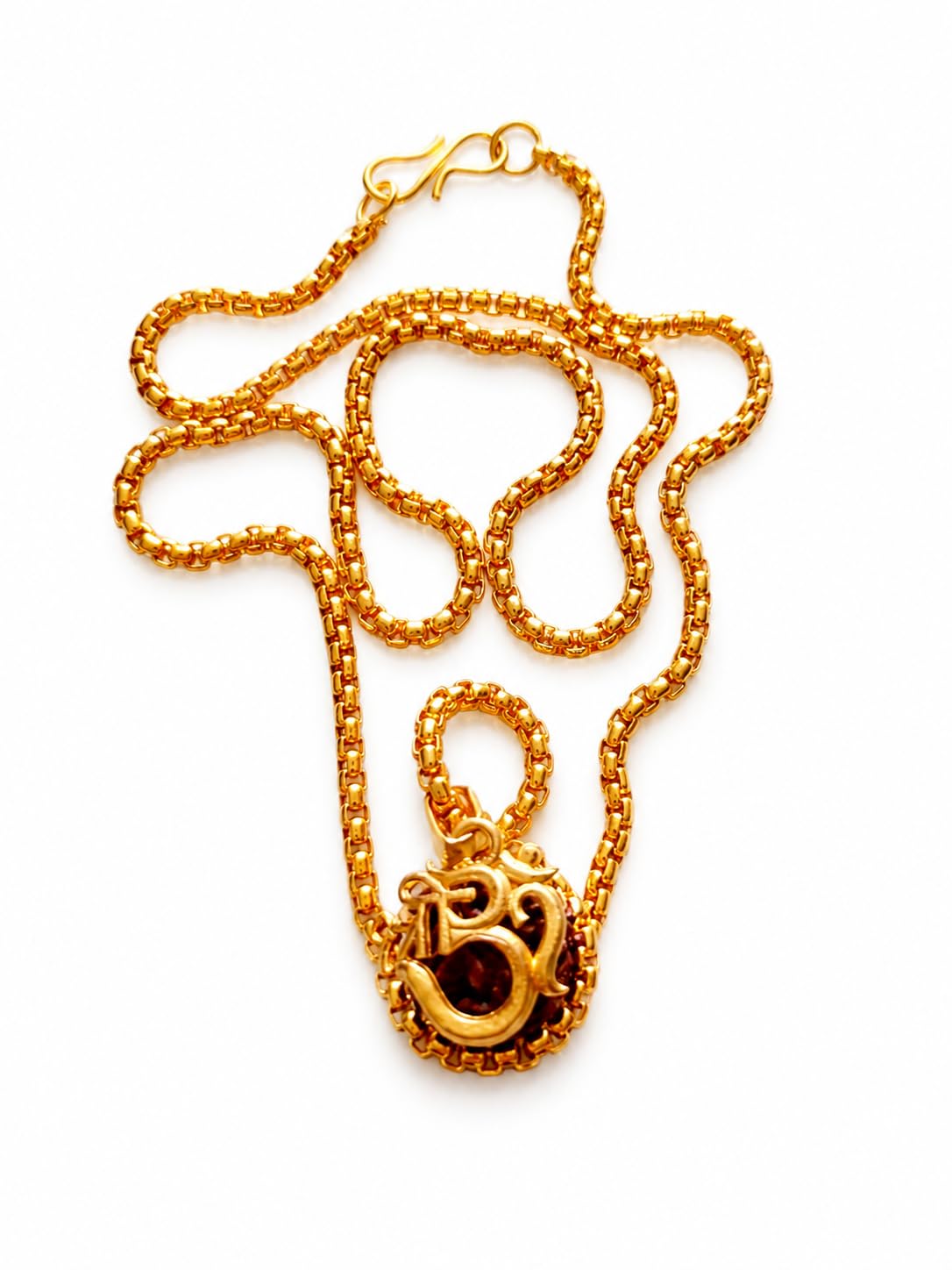 Krishna Jewellery Gold Plated Om Rudraksha Pendant Necklace, 5 Mukhi Wood Beads, Box Chain, for Men and Women-image-44