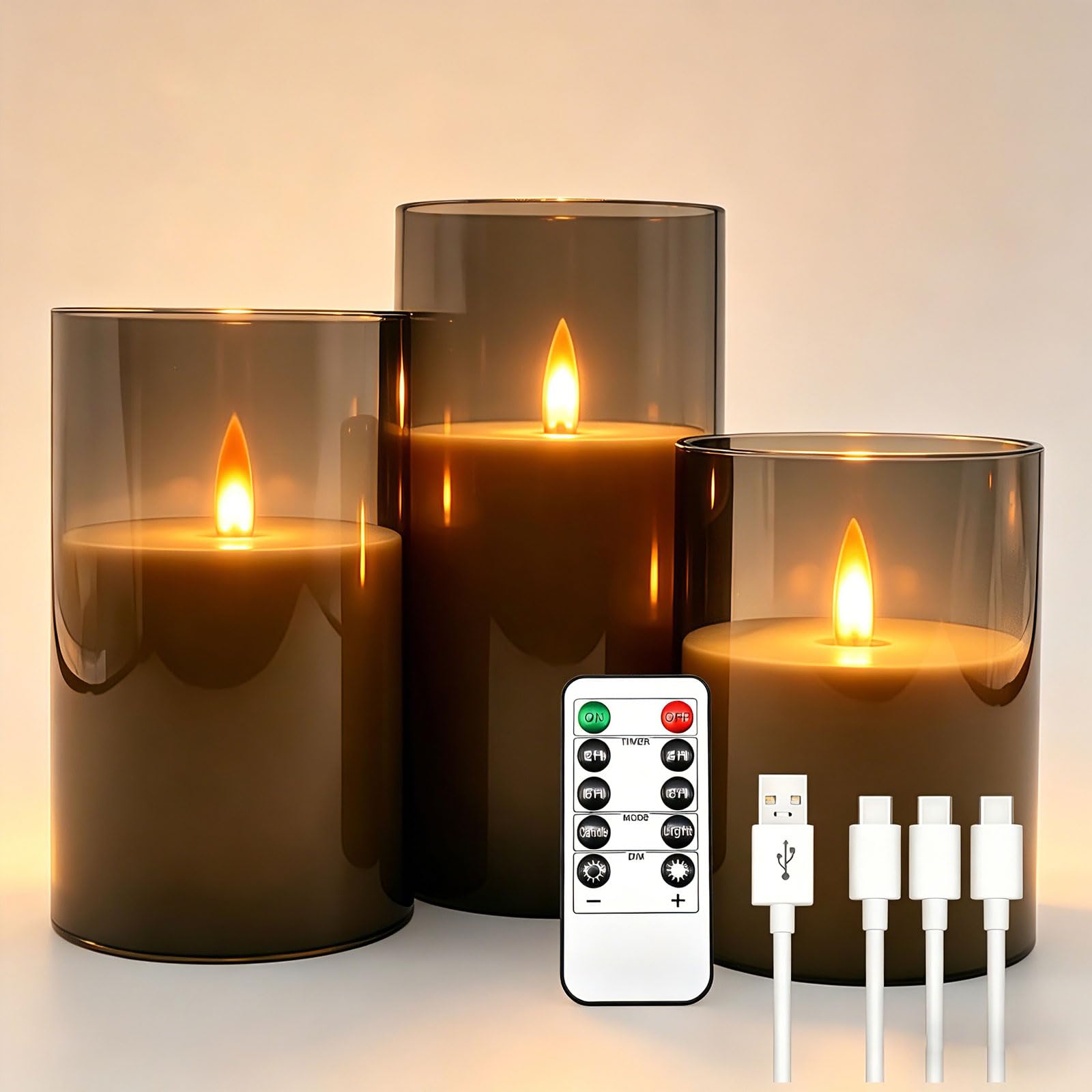 Da by 3 Velas LED Recargables 1800mAh, Velas Sin Llama Parpadeantes con Mando a Distancia, Cubierta Transparente Gris Oscuro para Decoración de Bodas y Navidad