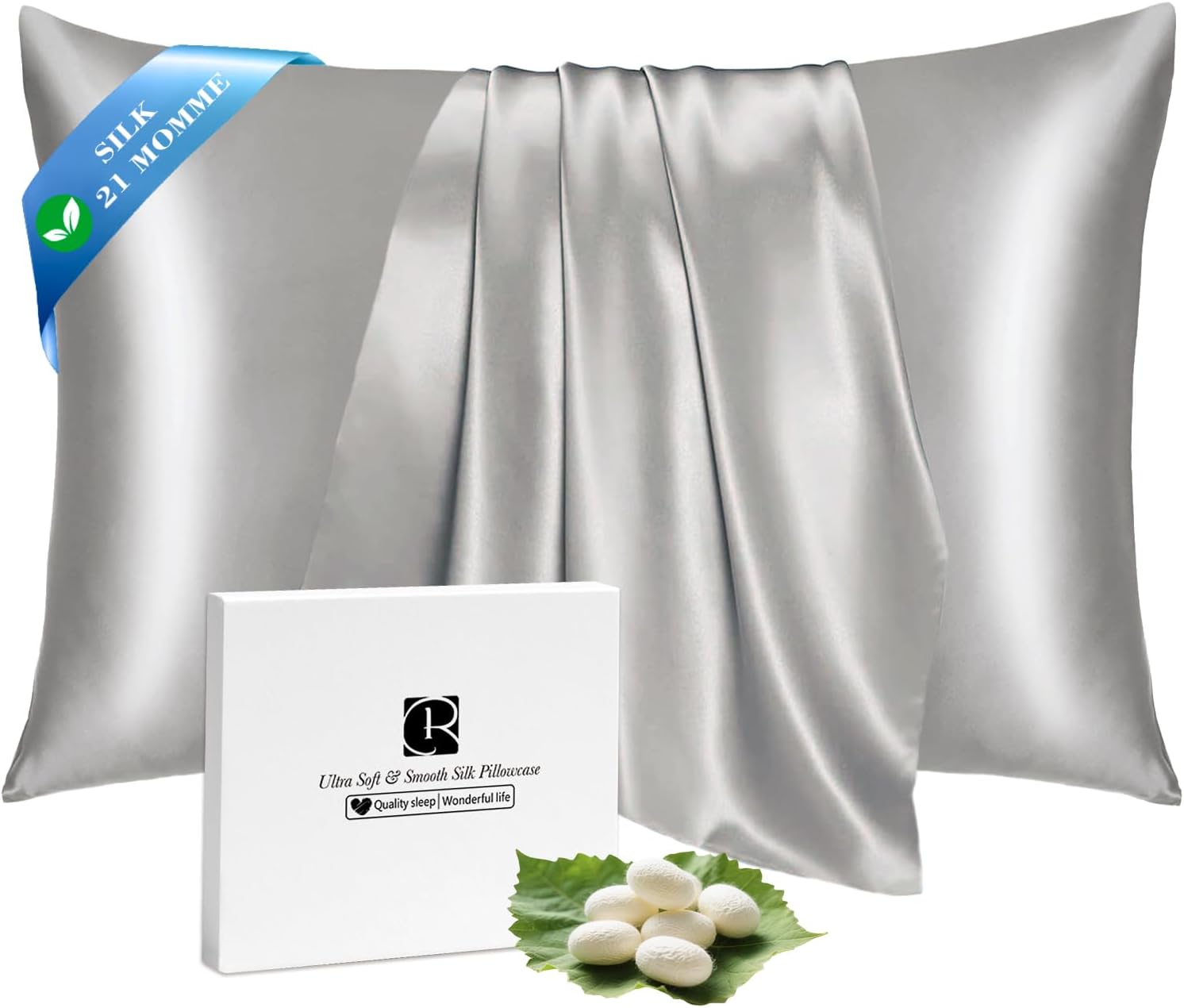 Ravmix Silk Pillow Cases with Zipper, 21momme Mulberry Silk Pillowcase for Hair Skin Health, Soft Smooth Breathable Cool Pillow Cover for Beauty Sleep with Gift Box 1PC(King 20"x36", Apricot Gray)