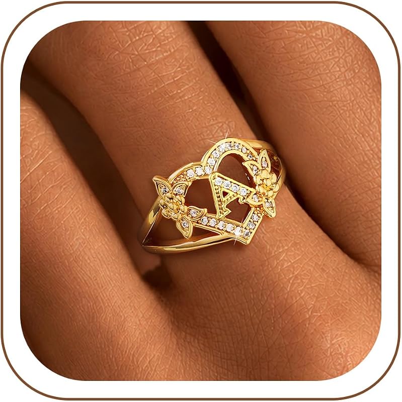 Heart Initial Gold Rings for Women Non Tarnish Vintage Thumb Ring