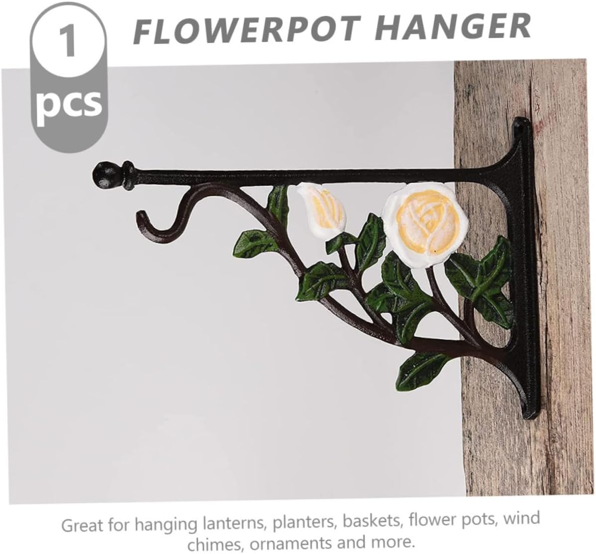 Cast Iron White Rose Wall-Mounted Plant Hook Metal Basket Hanger for Flowerpots Bird Feeders Indoor Outdoor Garden Décor