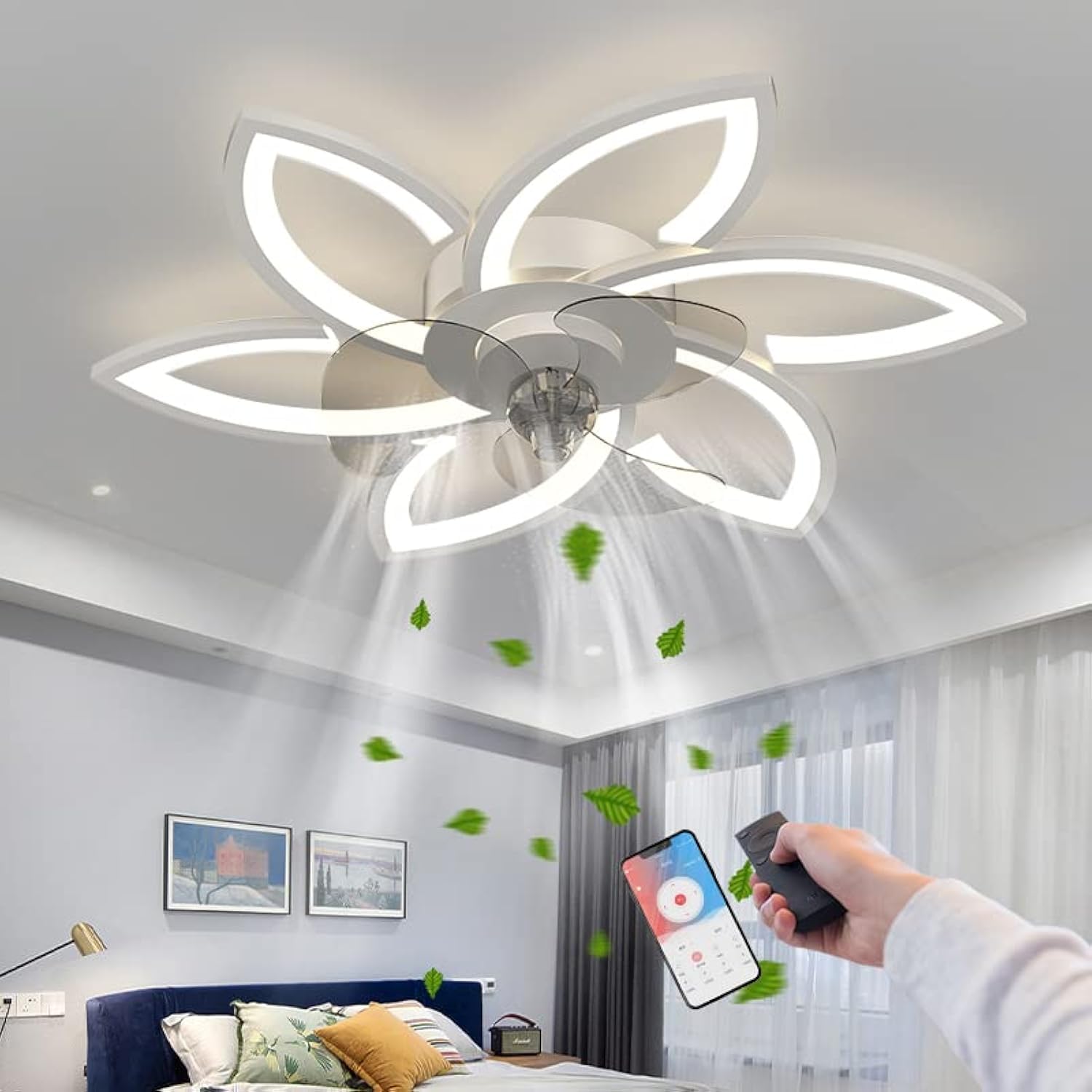 Ventilatore da soffitto a LED con luce, creatività 6 fiamme, ventilatore silenzioso dimmerabile Luce da soffitto con telecomando e controllo APP
