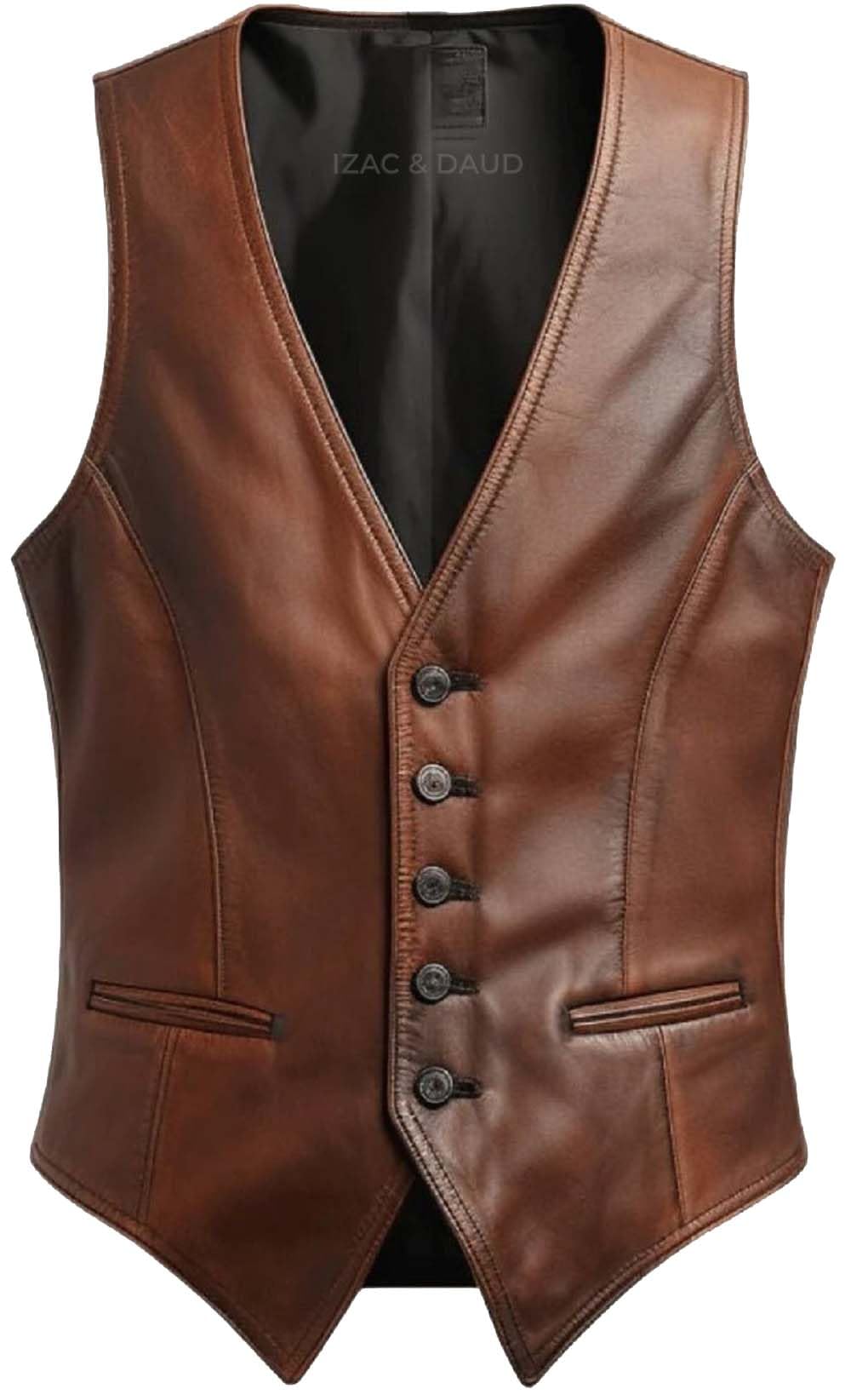 IZAC & DAUD Men's Brown Leather Motorcycle Vest - Sleeveless, V-Neck, Cowhide Biker Riding sleeveless Motorcycle Leather Vest