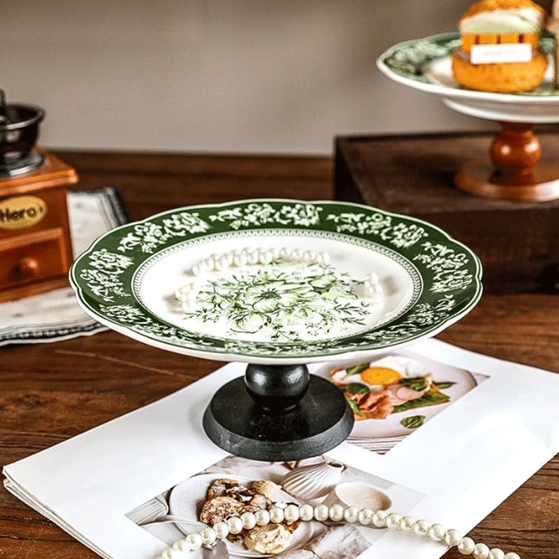 Wooden High Foot Plate Ceramic Retro Fruit Snack Storage