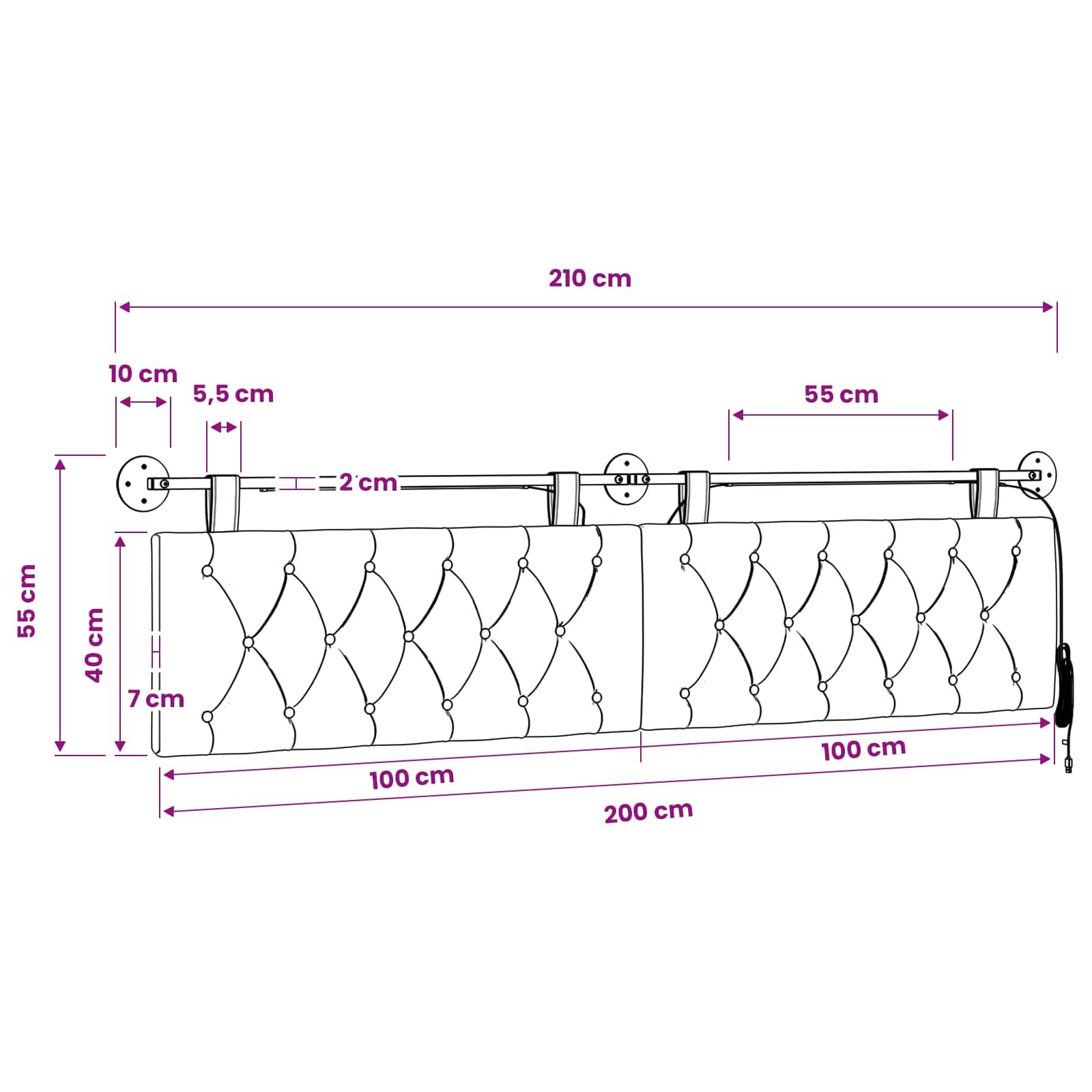 Wiszący zagłówek z oświetleniem LED, kremowy materiał, 210 x 55 x 7 cm, montaż ścienny z drewnianą ramą i metalowymi akcesoriami, uniwersalny panel ścienny do sypialni, salonu