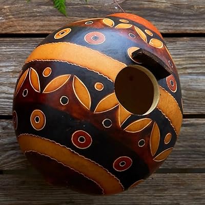 Peru Carved Gourd Black Leaves Bird House