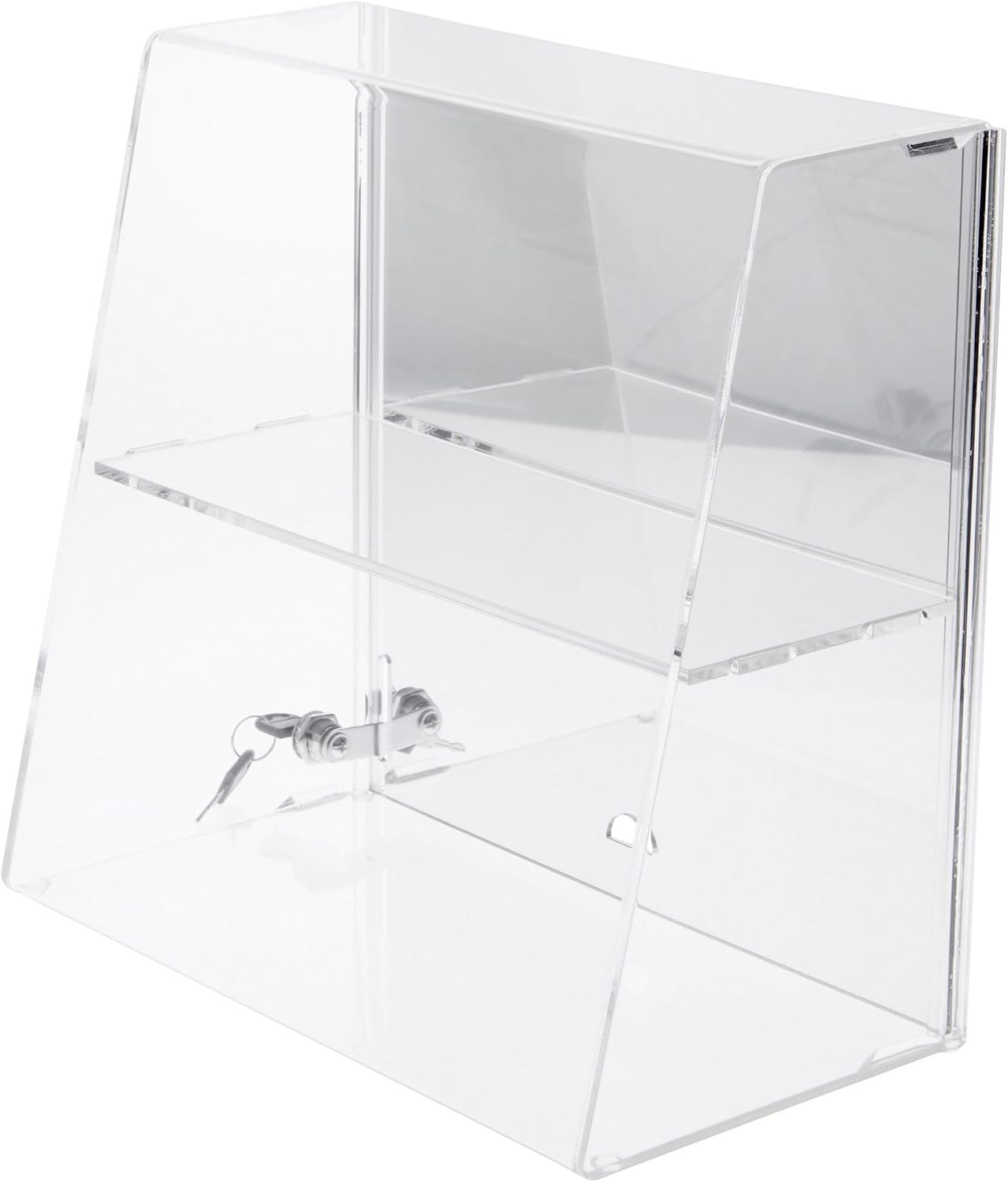 Plymor Clear Acrylic Locking Display Case with Slanted Front and Sliding Back, 1 Flat Shelf (Mirrored), 13.75" H x 14" W x 7.75" D