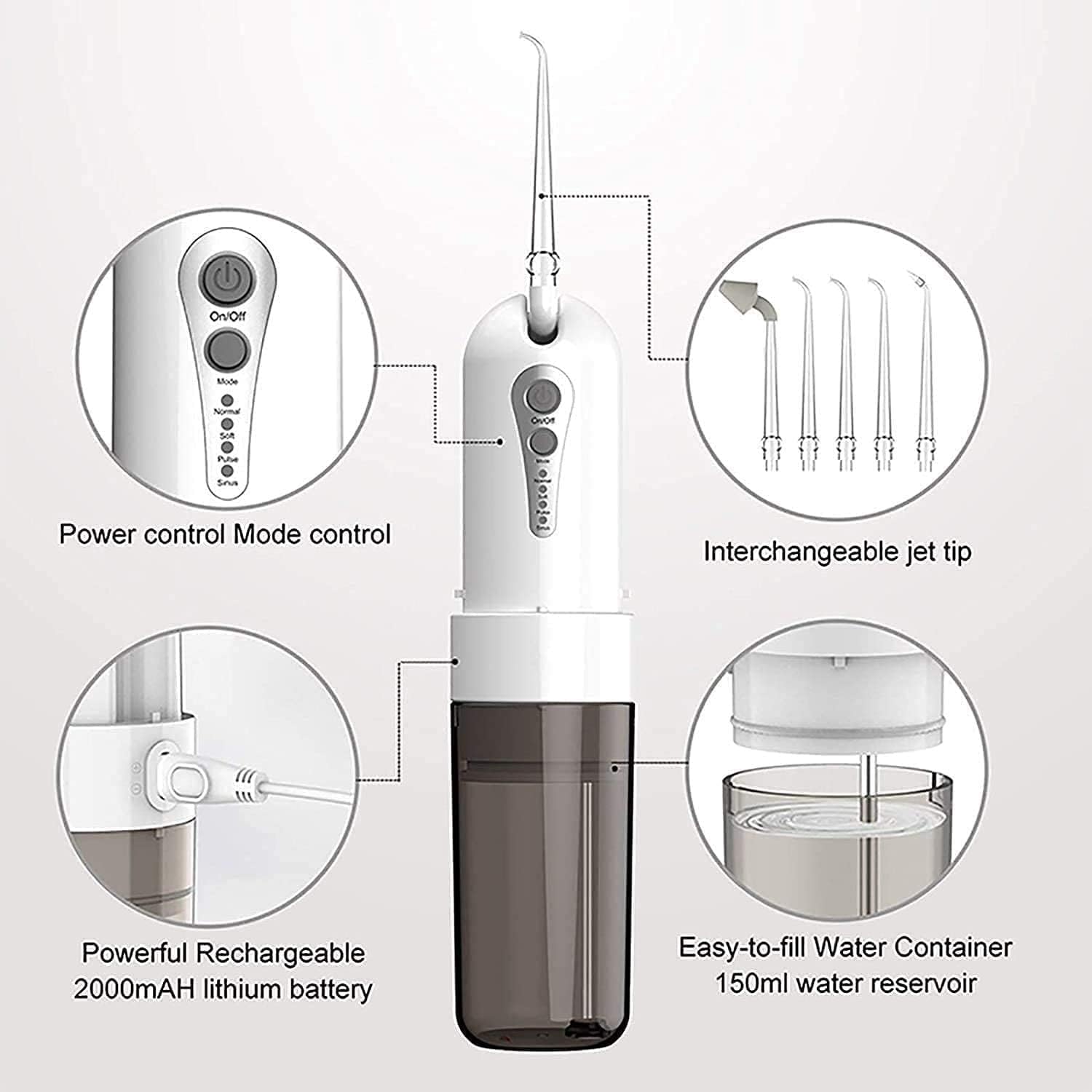 Water Flosser Oral irrigator for Teeth Cleaning, 4 Pressure Modes- Rechargeable Oral Irrigator Waterproof Design - with a Powerful Battery for Home&Travel (Color : Gray)