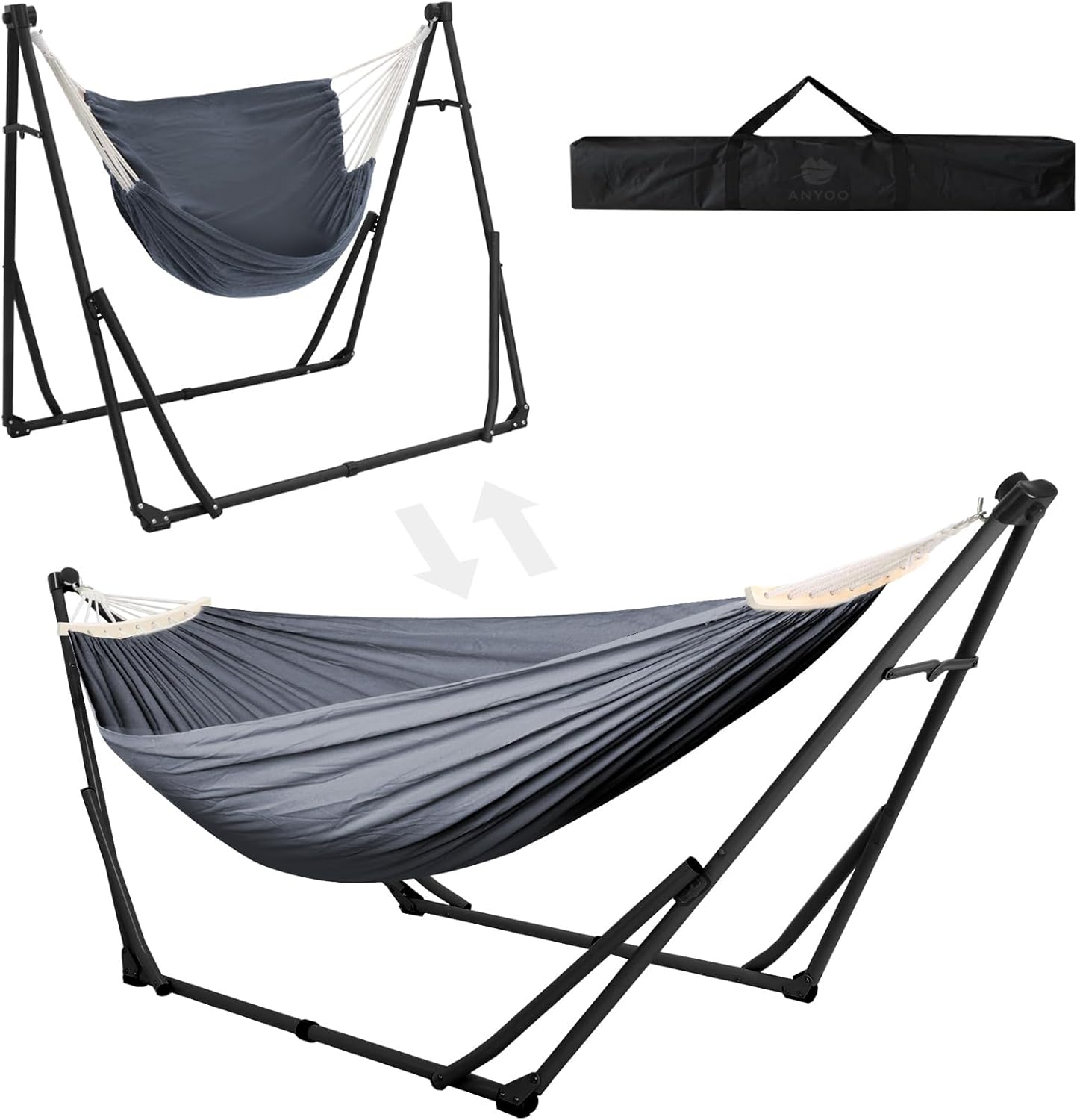 Anyoo Amaca da Giardino e Sedia Amaca con Supporto Pieghevole, Set di Struttura per Amaca Portatile a Doppio Uso per Amache da Interno ed Esterno Campeggio Nero E Grigio Scuro