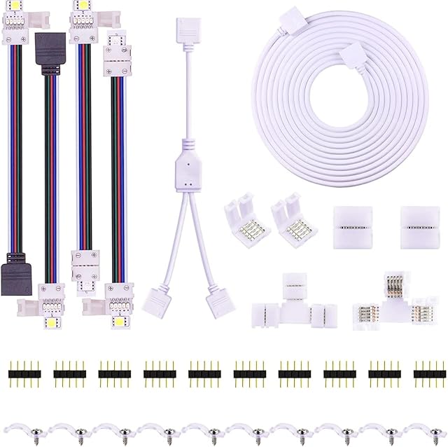 SUPERNIGHT 5PIN LED Strip Connector Kit 10mm 5050 RGBW LED Connector Kit with 9.8FT Extension Cable, Strip to Strip Jumper, Strip to Power Jumper, 2 Way Splitter, L Shape Connector, Gapless Connectors