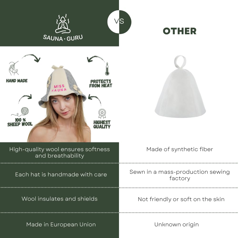 Chapeau de Sauna Miss Sauna Flowers Blanc/Gris 100% Feutre de Laine Biologique