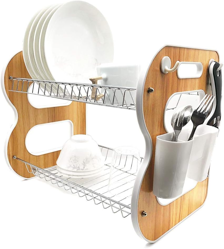 2-Tier Wood Dish Rack and DrainBoard, 17"x15"x10.2" Kitchen Plate Cup Dish Drying Rack Tray Cultery Dish Drainer