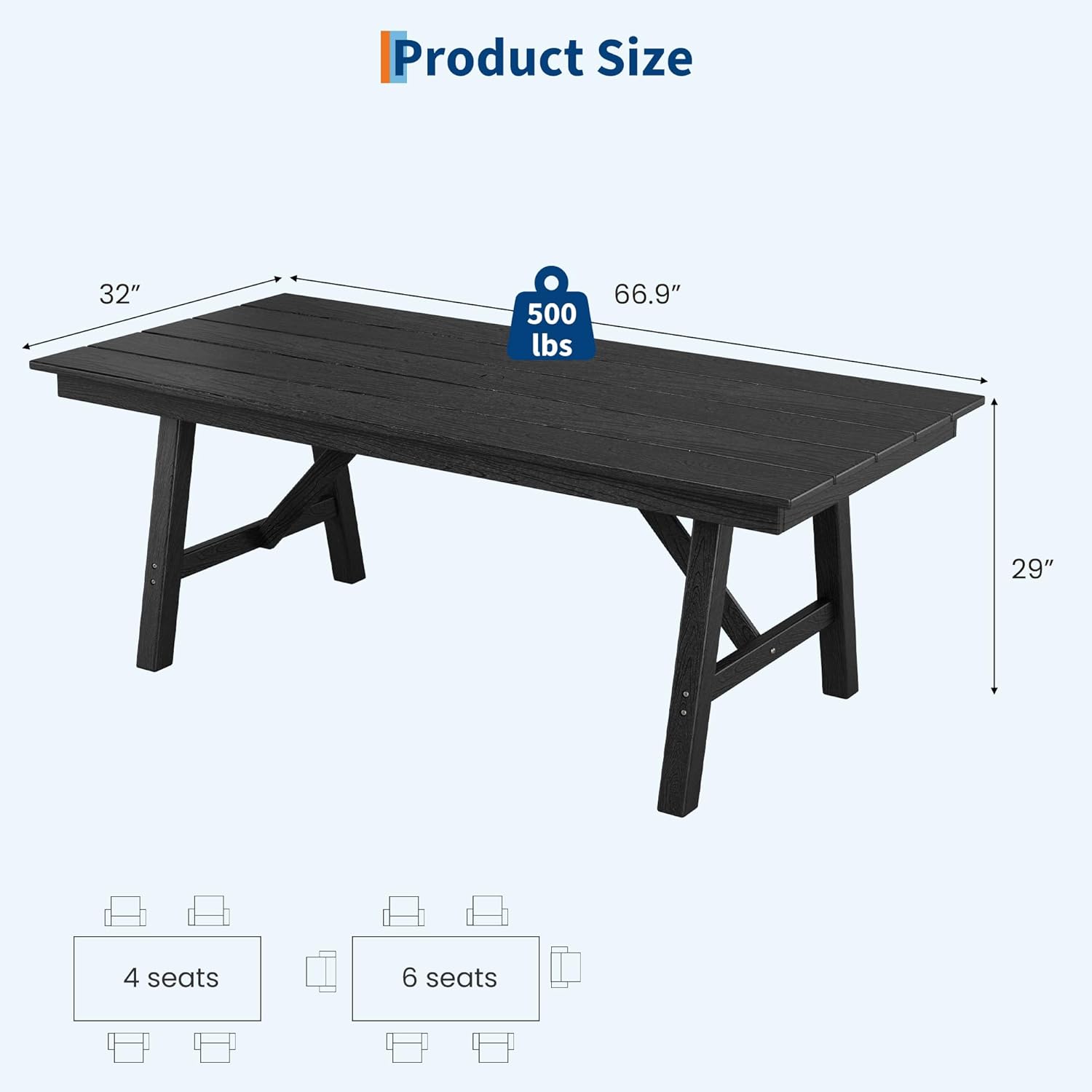 66.9" Rectangular Outdoor Dining Table for 4-6, Heavy Duty All-Weather HDPE Patio Table with 1.97" Umbrella Hole, Wood-Grain Plastic Outdoor Table for Backyard, Poolside & Garden,Black