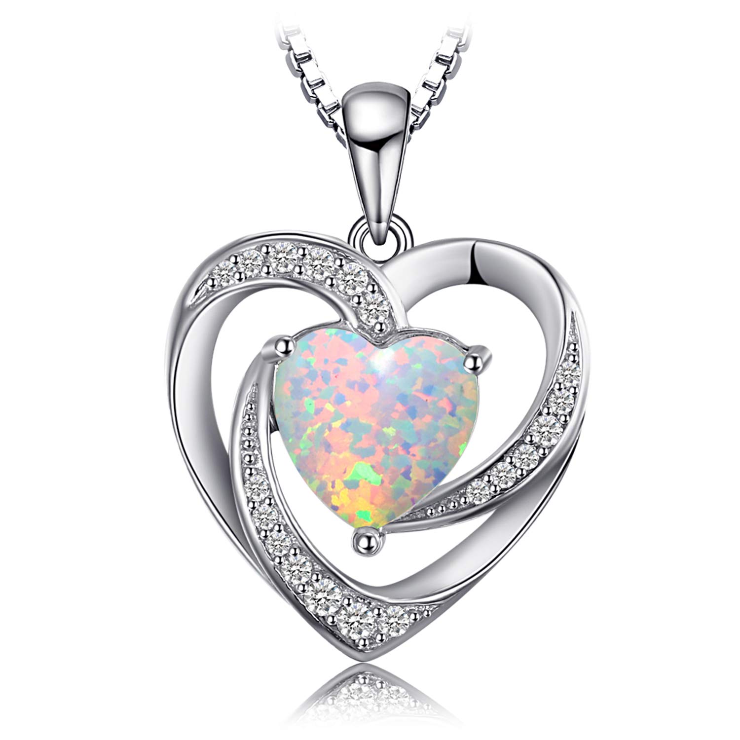 JewelryPalaceElegant Heart Shaped Pendant Opal Created 925 Sterling Silver Necklace Box Chain 45cm