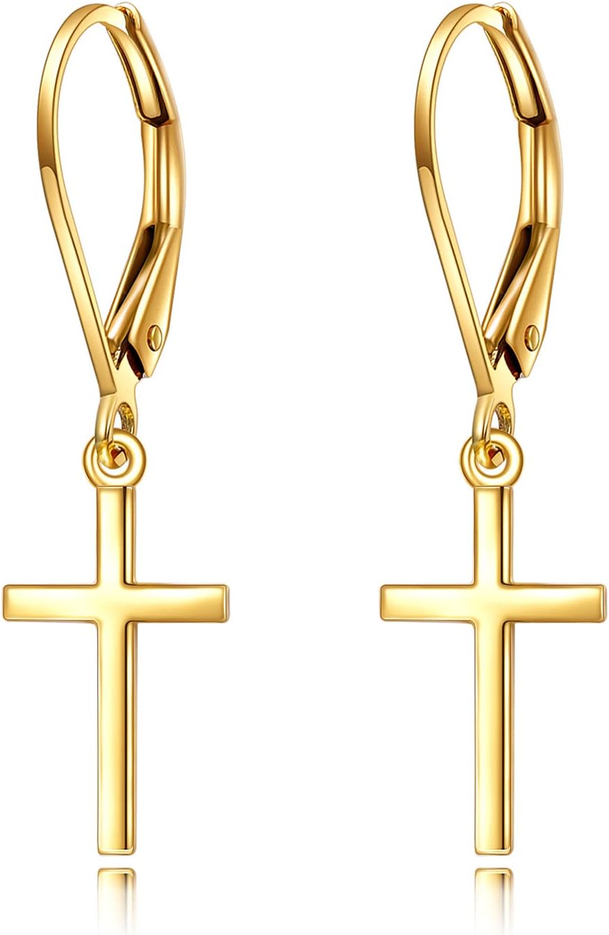 KECHO 14k Solid Gold Cross Earrings for Women Heart Leverback Dangle Drop Earrings Jewelry Birthday Gifts for Her