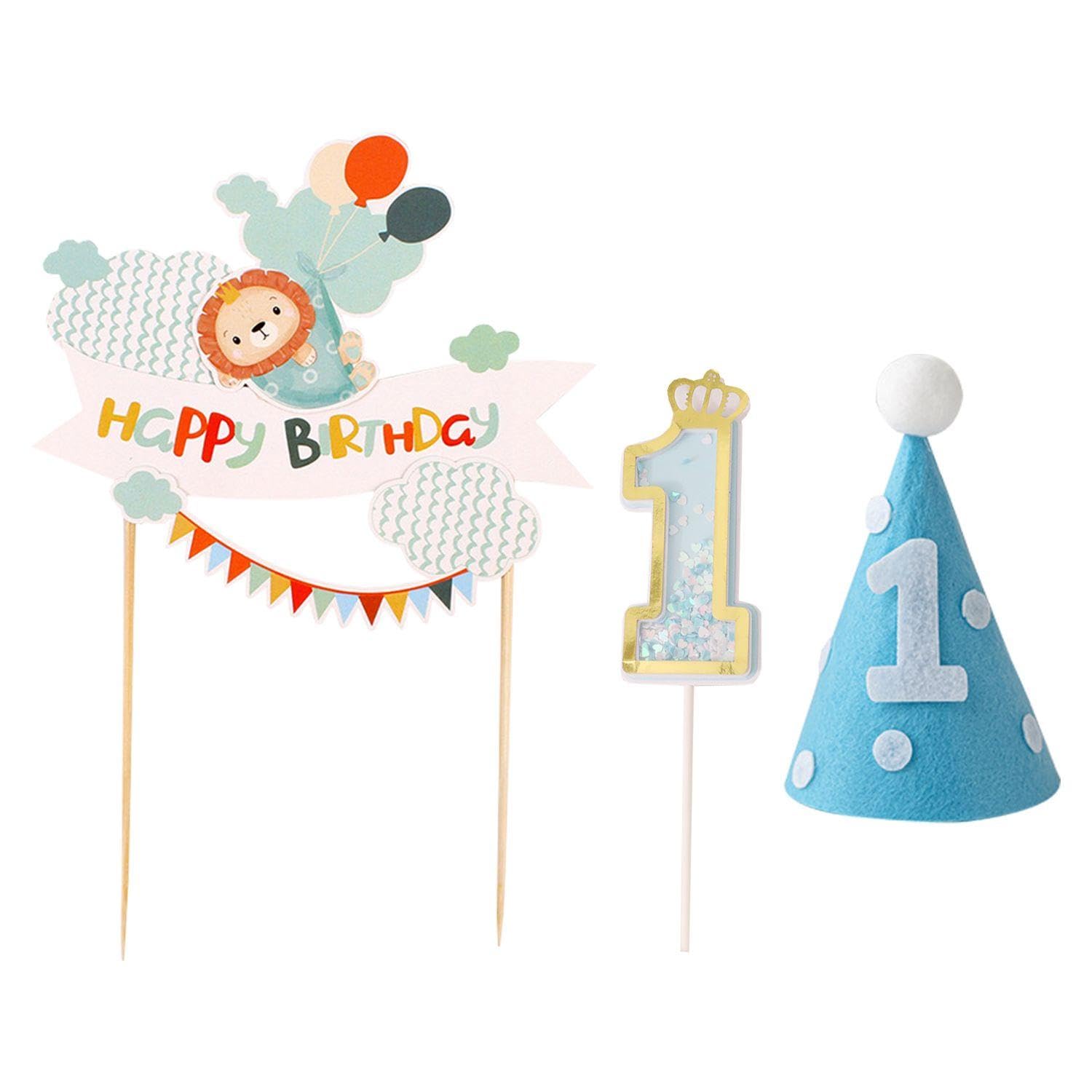 HINFHI 1 Piece Of Lion Balloon Card Insert, 1 Piece Of Number 1 Card Insert, 1 Piece Of Birthday Hat, Animal Theme Cake Decoration, Birthday Party Decoration Supplies.