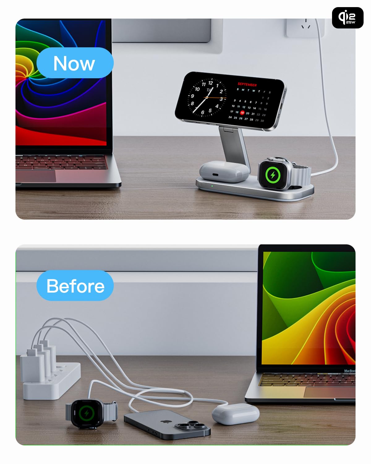 Qi2 25W Estación de Carga 3 en 1 para Apple, Soporte Plegable de Carga Rápida Magnética Compatible con mag-Safe para iPhone 17e/17/16/15/14/13/12/Air, Apple Watch y AirPods Pro/4/3/2-Blanco
