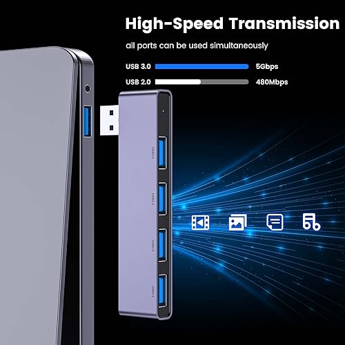 Miniatura 4 de Concentrador USB (1 derecho y 1 izquierdo), concentrador USB Fidioto de 4 puertos (1 puerto 3.0, 3 puertos 2.0) divisor USB expansor USB para