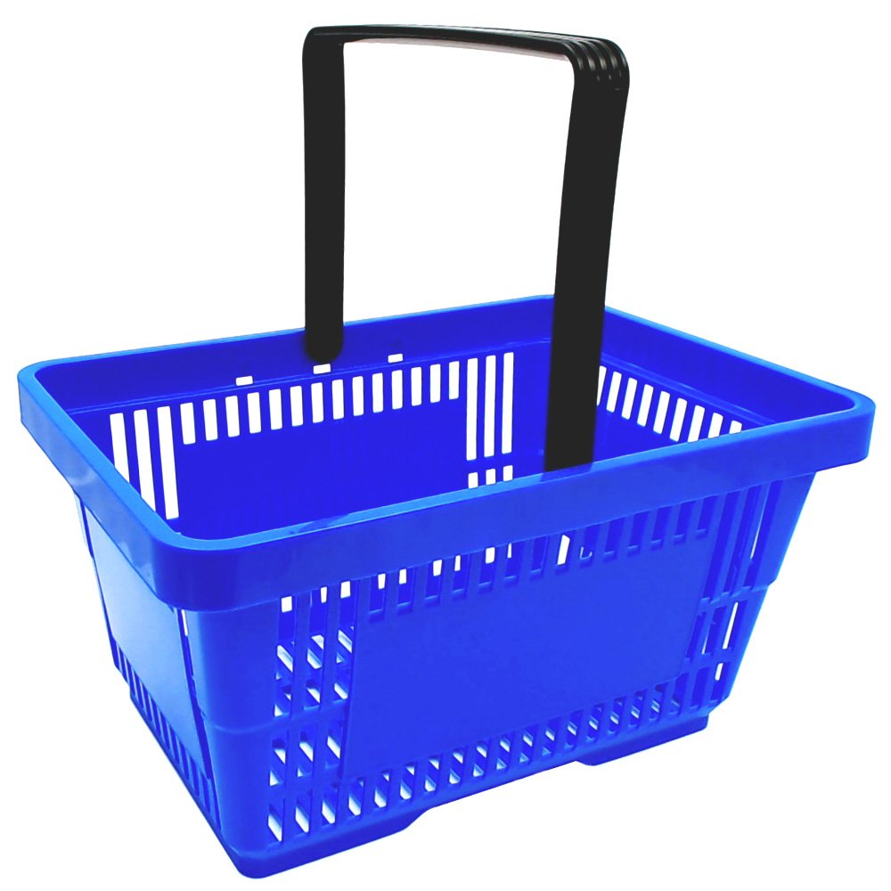 gebar – Einkaufskörbe, Verkaufskörbe mit Korbstapelwagen als Set, Korb mit 1 oder 2 Griffe und Farbwahl (Blau 1 Griff, 20 Körbe / 1 Metallwagen)