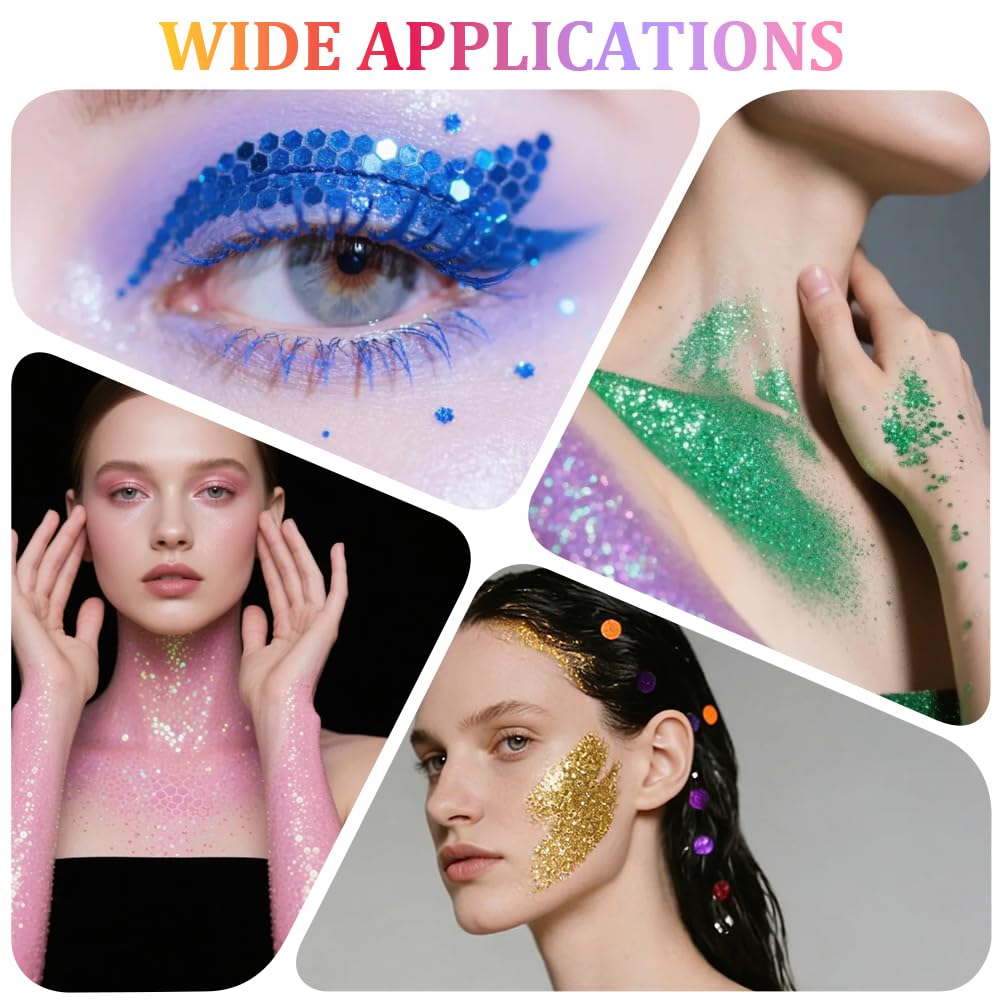 AOOWU Gel Glitter per Viso e Corpo, Body Glitter Gel, Trucco per Carnevale, Chunky Glitter Decorazione per Musica, Festival, in Maschera(Piccole-ZLG03)