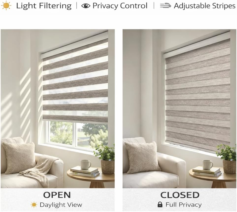 ShadesU Cordless Zebra Blinds – Light Filtering Dual-Layer Window Shades for Privacy (Grey Color) (Maximum Height 72") (Width 22.5") 02- Grey ( Cordless ) 22.5"W x 72"H