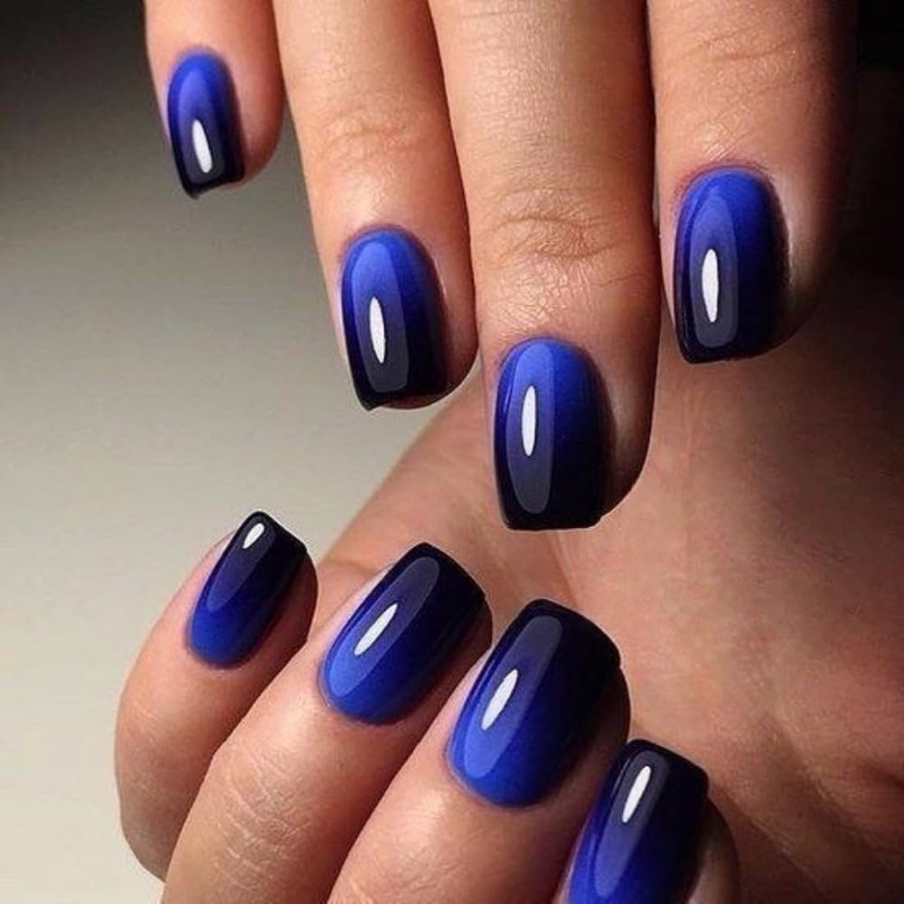 SXVME Blue Black Press on Nails Short Square, Short False Nails Coffin, Glossy Dark Royal Blue French Fake Nails Set
