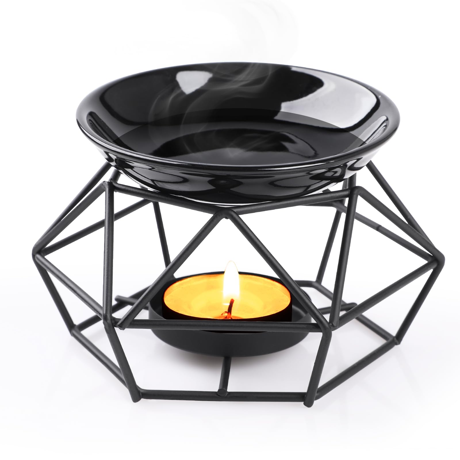 Bighan Quemador de Aceite, Quemador de Cera aromática de Metal con Tazón De Cerámica para SPA Yoga Meditación Casa Sala De Estar Decoración B- Negro 2
