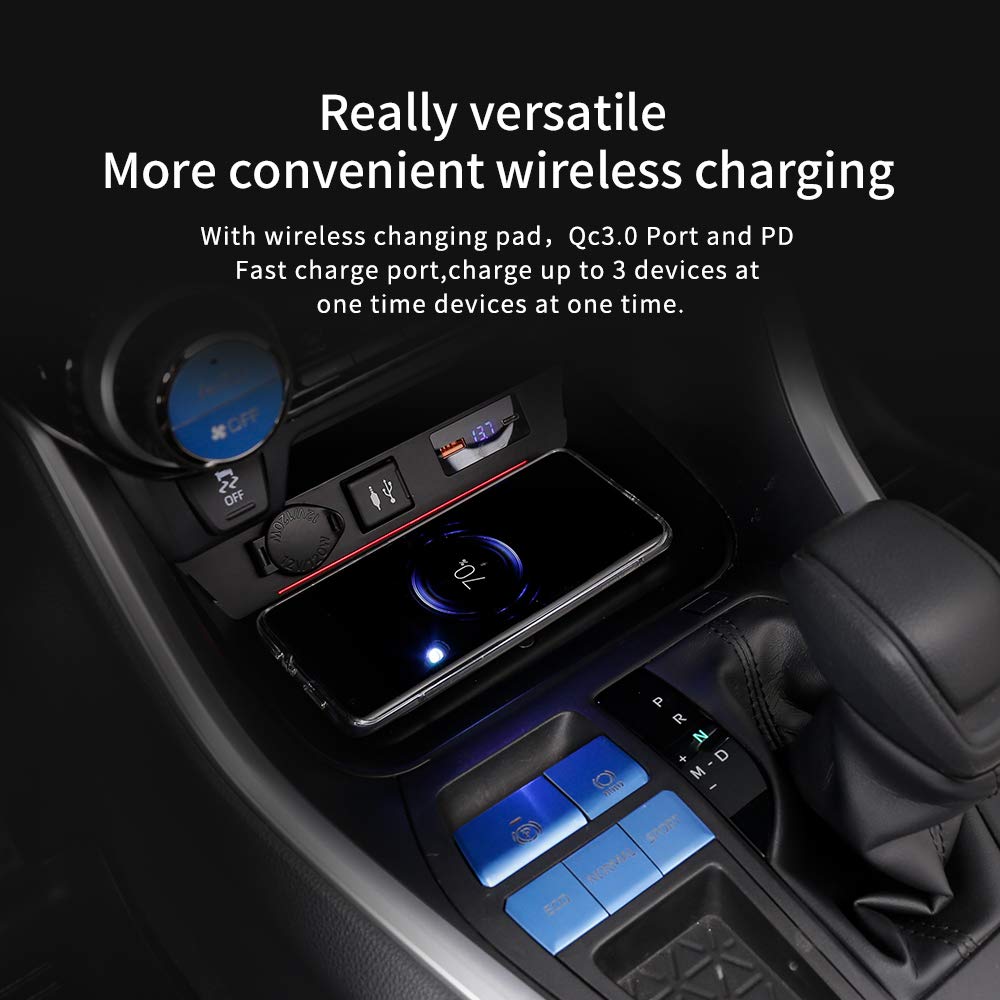 Soporte de cargador inalámbrico de coche para Toyota RAV4 2019-2025, QC 3.0 carga rápida compatible con iPhone, Samsung, Qi WPC Qi 3.0 carga inalámbrica, 2 puertos USB de 36 W almohadilla de