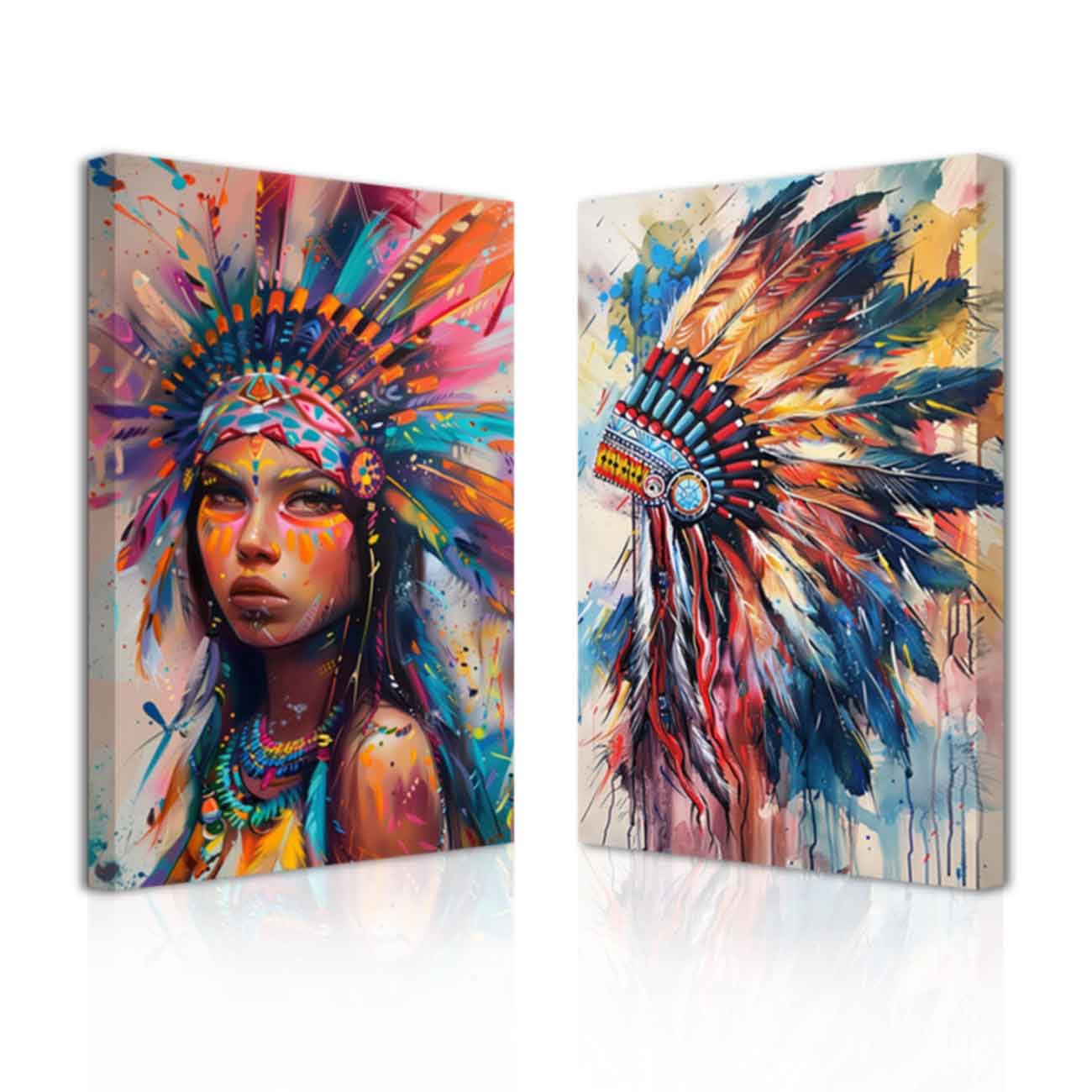 LZIMU Native American Wall Art 2 Pieces Indian Girl with Feathered Headdress Picture Prints Indian Woman Painting Southwest Artwork Indian Wall Decor Framed (Red, 60.00 x 90.00 cms x 2PCS)
