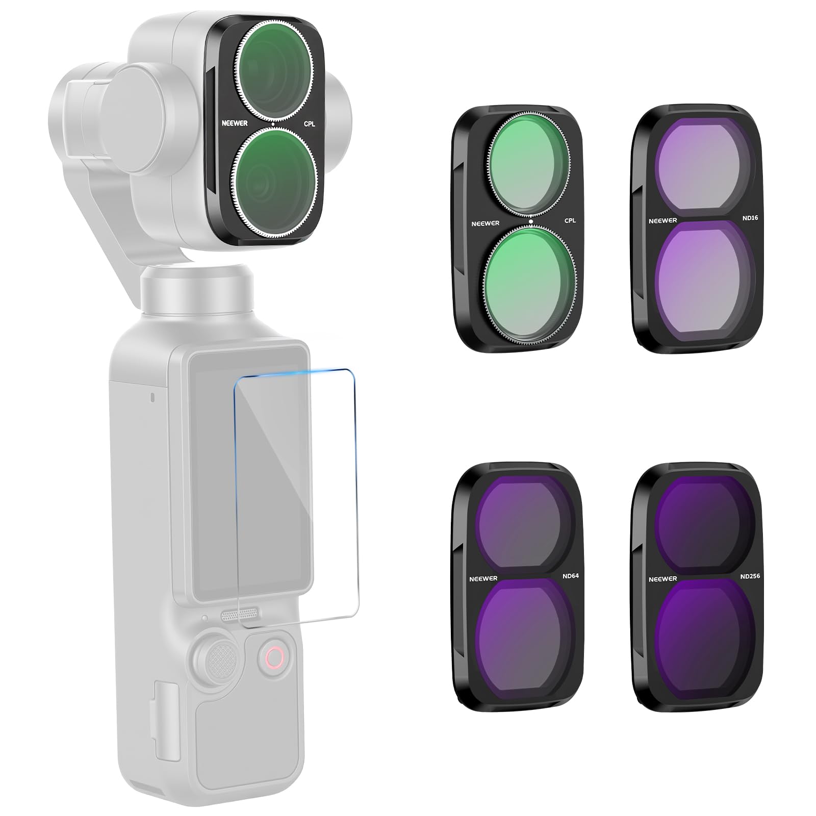 NEEWER Zestaw filtrów CPL + ND kompatybilny tylko z DJI Osmo Pocket 4P, filtr polaryzacyjny kołowy, szary filtr (ND16 + ND64 + ND256) Gimbal Action Cam filtr obiektywu folia ochronna