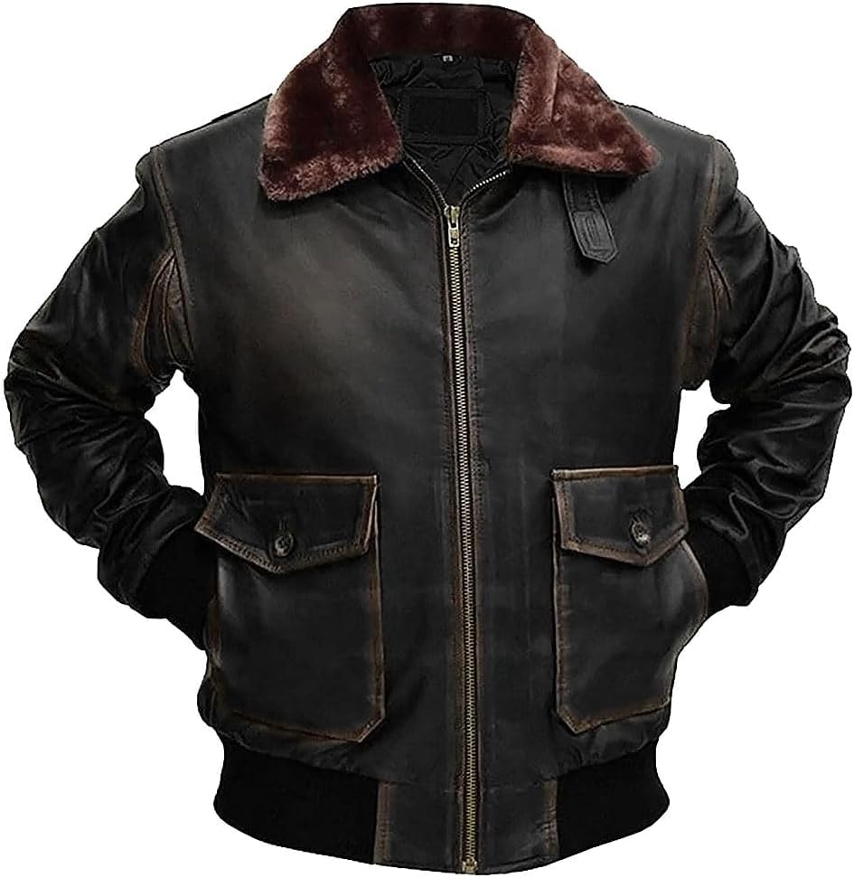 G-1 Fur Bomber Jacket Men - US Military Aviator WWII Flight Pilot Vintage Leather Bomber Jacket2