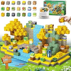 Magnetic Building Blocks Toys, 100PCS Magnetic Building Block Toys Based on Classic Games, STEM Magnets Sensory Toys for Kids, Magnetic Building Blocks Suitable for Boys Girls 3+ (Yellow)