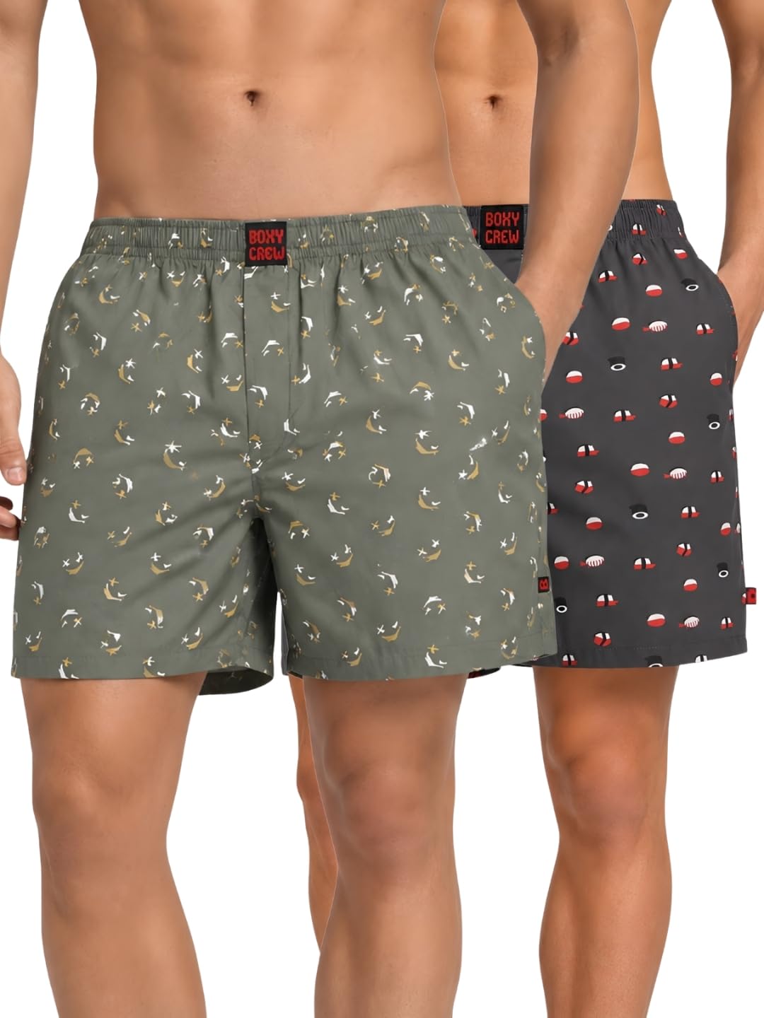 boxy crew Men Boxer Shorts Pack of 2, 100% Cotton Woven Boxers, Green & Charcoal, Printed Designs, Dual Side Pockets, No-Marks Inner Elastic Waistband, Relaxed Fit Lounge & Sleep Shorts-picture-22