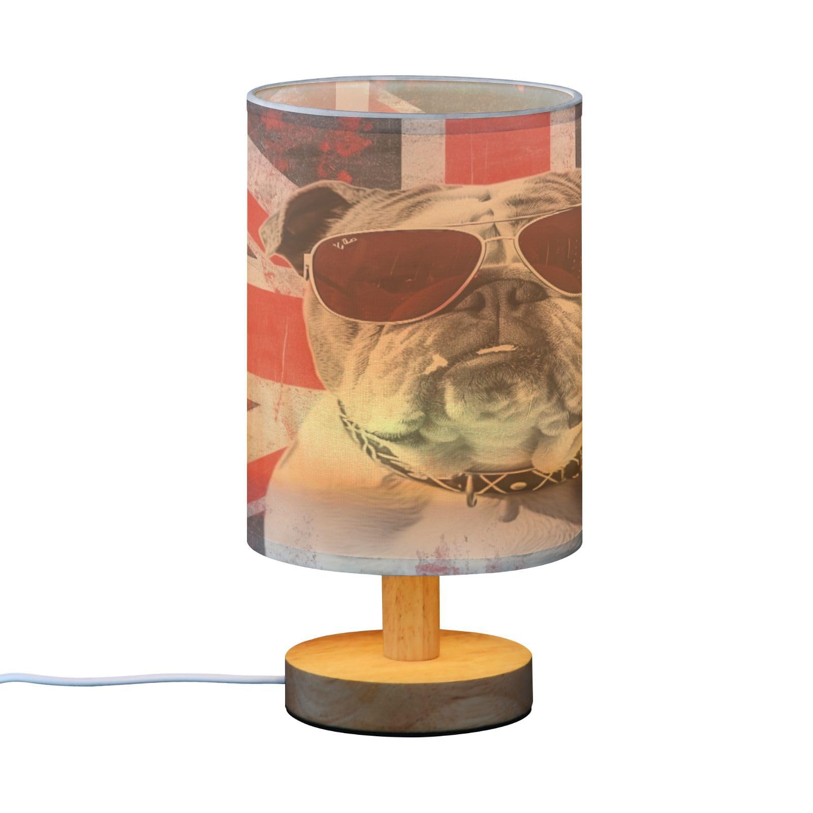 SDMKA Bulldog and Flag Bedside Table Lamp for Bedroom, Minimalist Nightstand Lamp with Round Fabric Shade for Living Room, Office, No Bulb Required