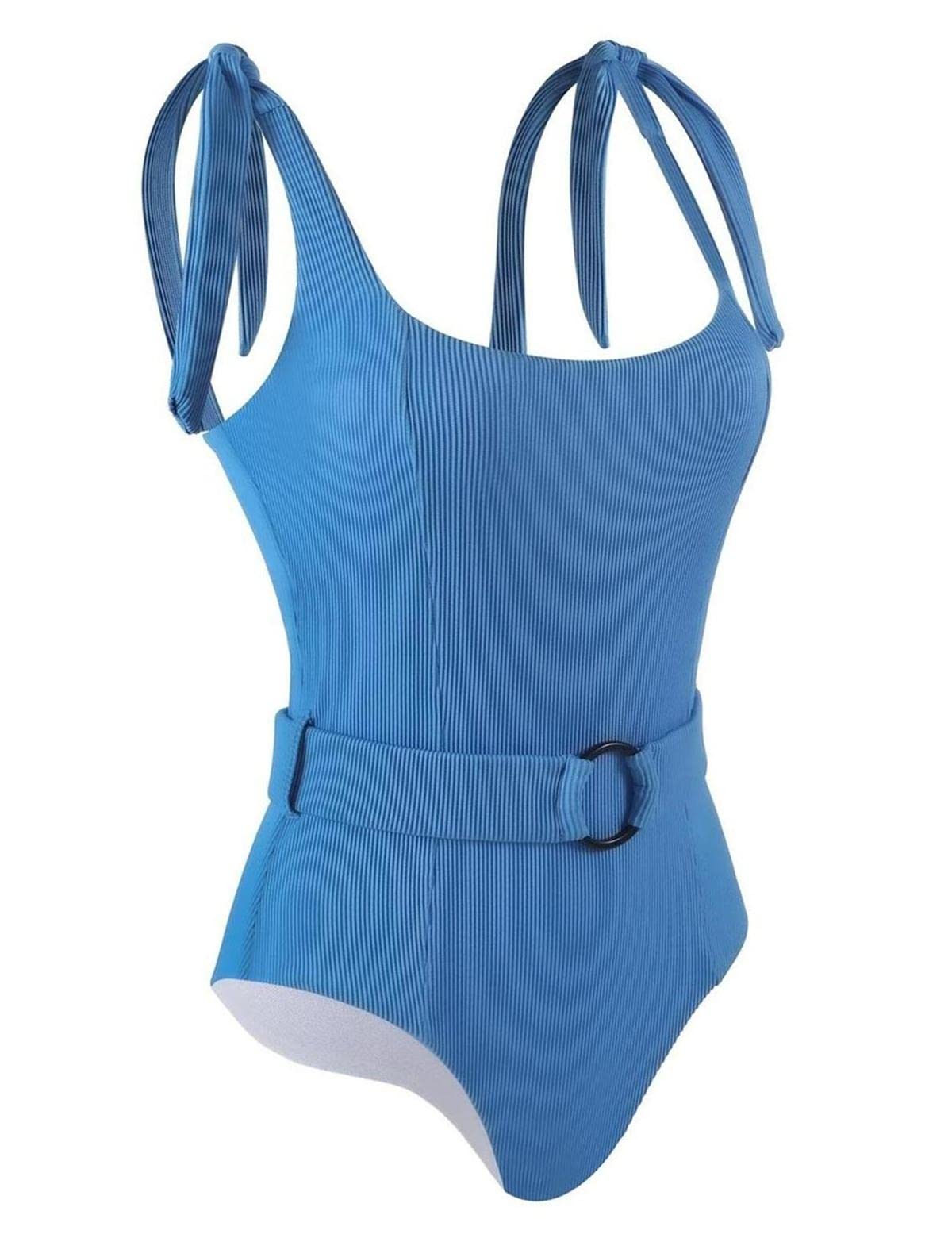 TSMEZA Women's One Piece Swimsuits Belt Tummy Control Bathing Suits Tie Shoulder Swimwear