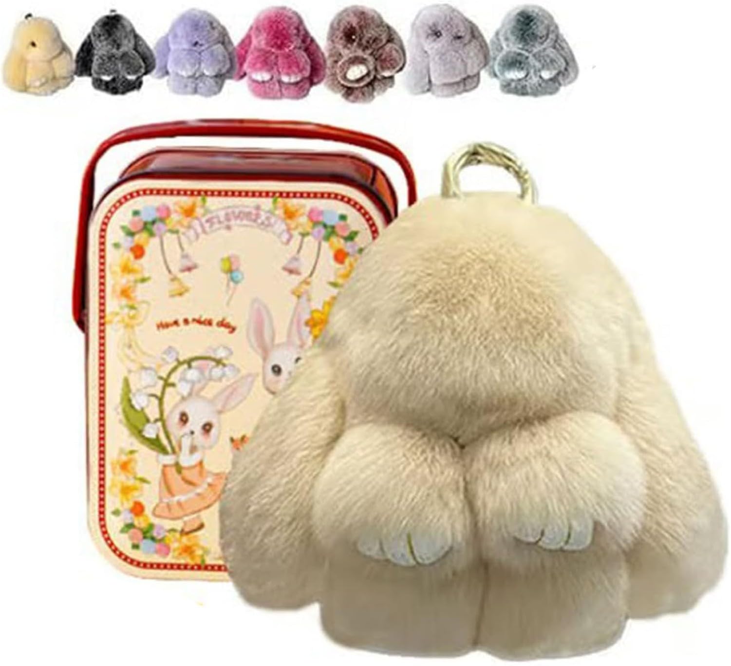 XIUNYIE Easter Bunny Plush Keychain in Iron Gift Tin, Fluffy Rabbit Keyring Kawaii Soft Furry Pendant for Handbag or Backpack Cute Decorative Charm, Birthday Christmas, #F