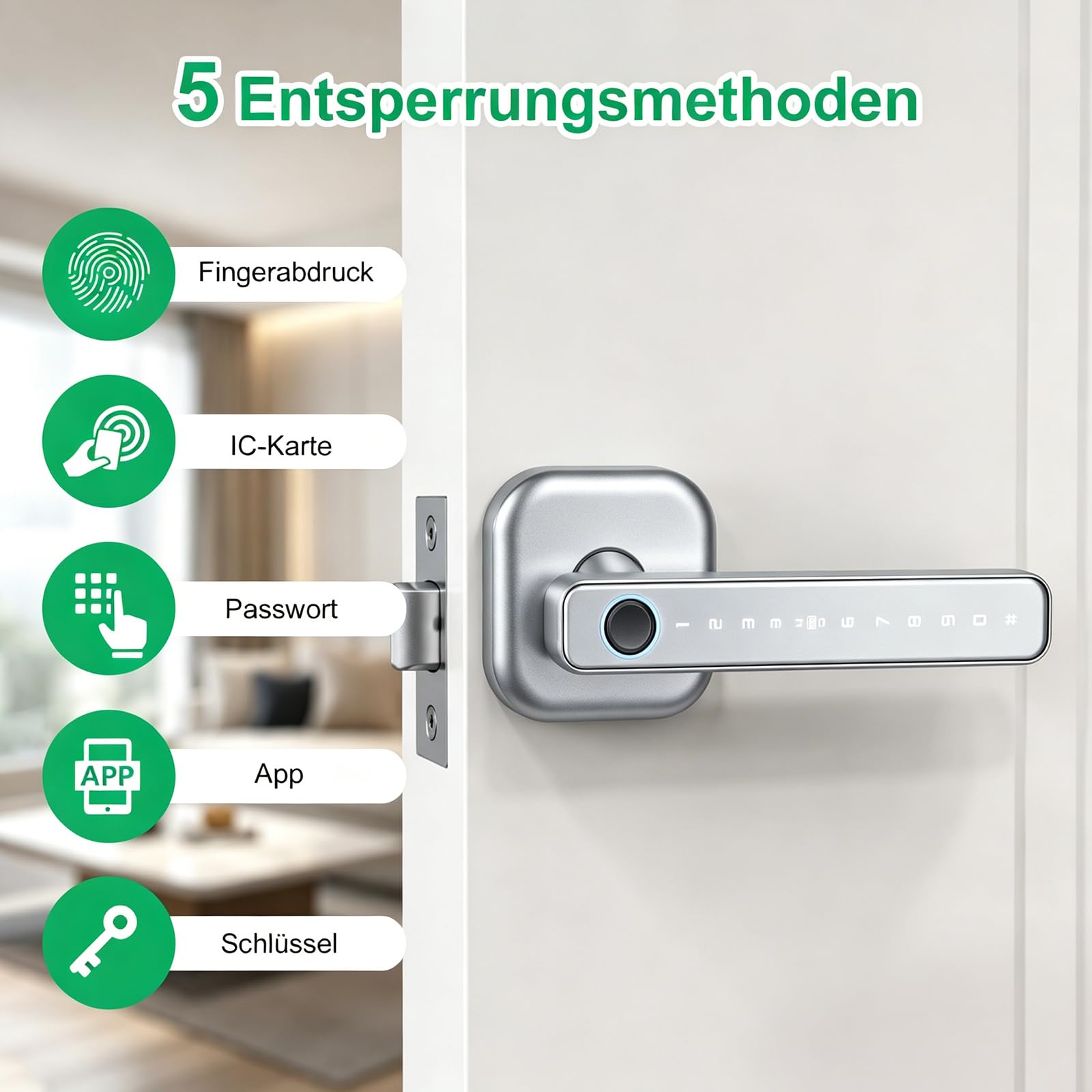 5-in-1 Intelligentes Türschloss, Elektronisches Türschloss für Bluetooth | Fingerabdruck biometrische, Temporäres Passwort, Per App gesteuert, Smart Lock, IC-Karte, für Haustür, Wohnung, Hotel, Büro