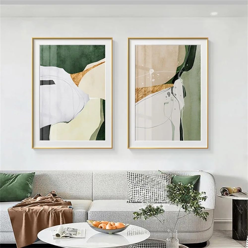 WBYZAC 2 Pieces-Abstract Green Golden Canvas Painting Nordic Art Luxury Poster and Print Modern Wall Picture Mural Living Room Kitchen Office Bedroom Decor-50 * 70cm (No Frame)