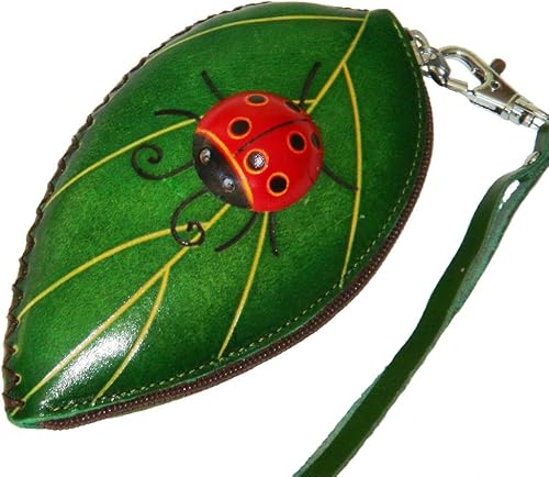 Monedero de cuero de mariquita, soporte para joyería. Hecho a mano Mariquita en la hoja monedero, cremallera., Verde