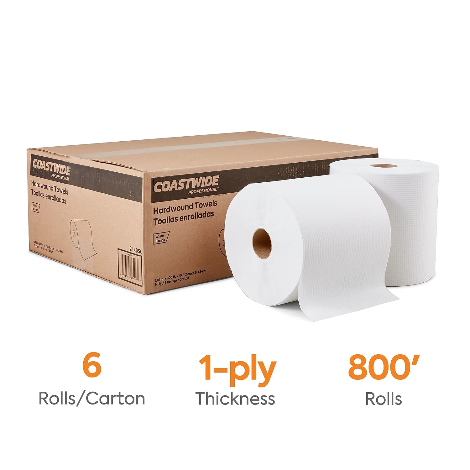 COASTWIDE 1-Ply Hardwound Paper Towels, 100% Recycled, 800 Feet Per Roll, 6-Pack, White