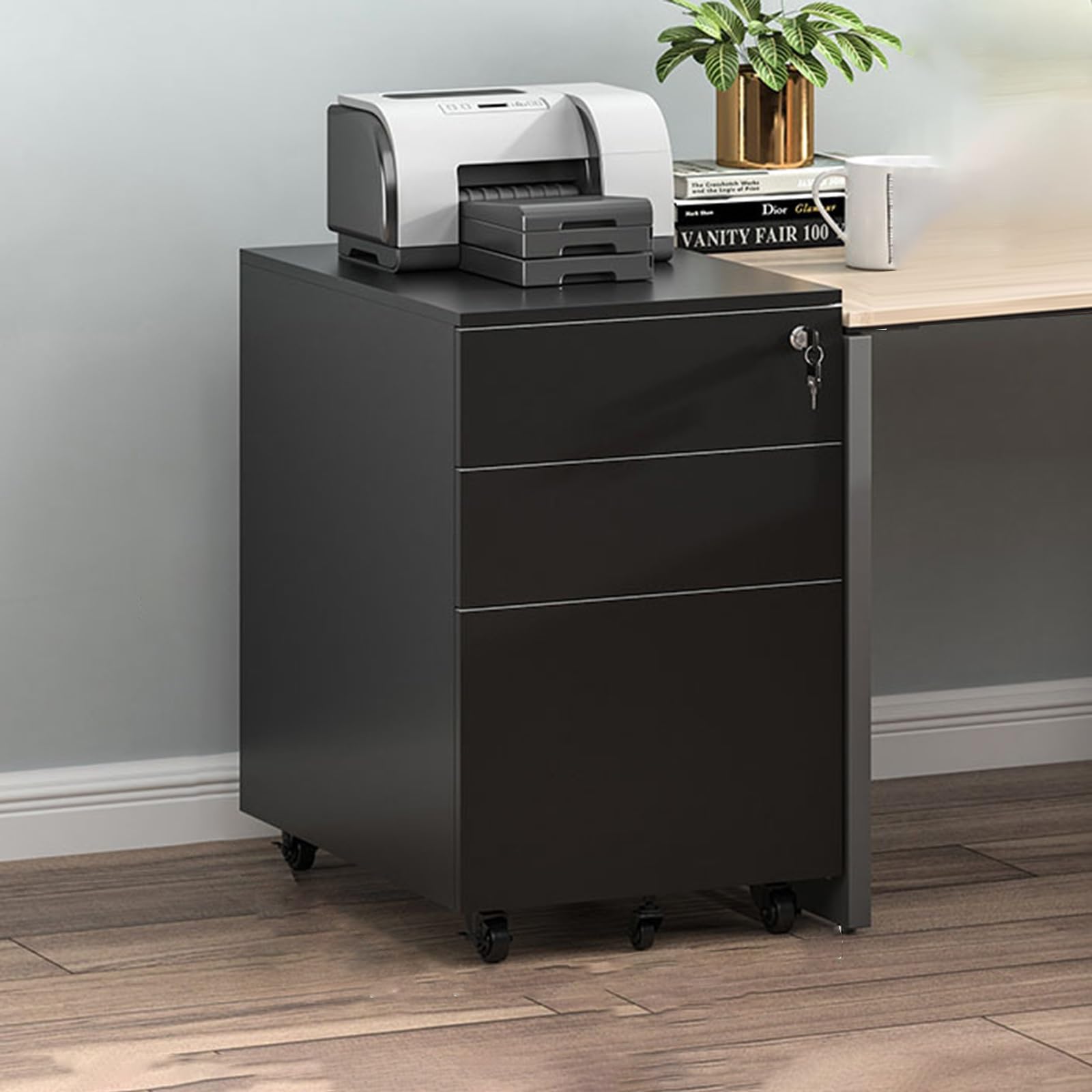 SaryEdge Mobile File Cabinet with Locking Drawers for Home Office Modern A4 Storage Under Desk Keyed Filing Cabinet for Office Stylish Document Storage Solution,Black-39 * 50 * 60cm