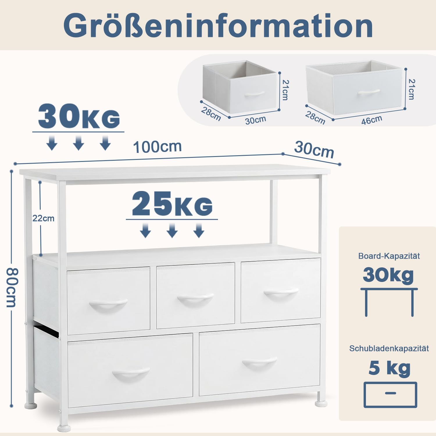 DUMOS Kommode mit Schubladen - kommoden & Sideboards für Schlafzimmer Geeignet, Komodenschrank mit 5 Schubladen, TV-Schrank mit Stahlrahmen,Schrank Klein, Ideal für Flur, Wohnzimmer (Weiß)